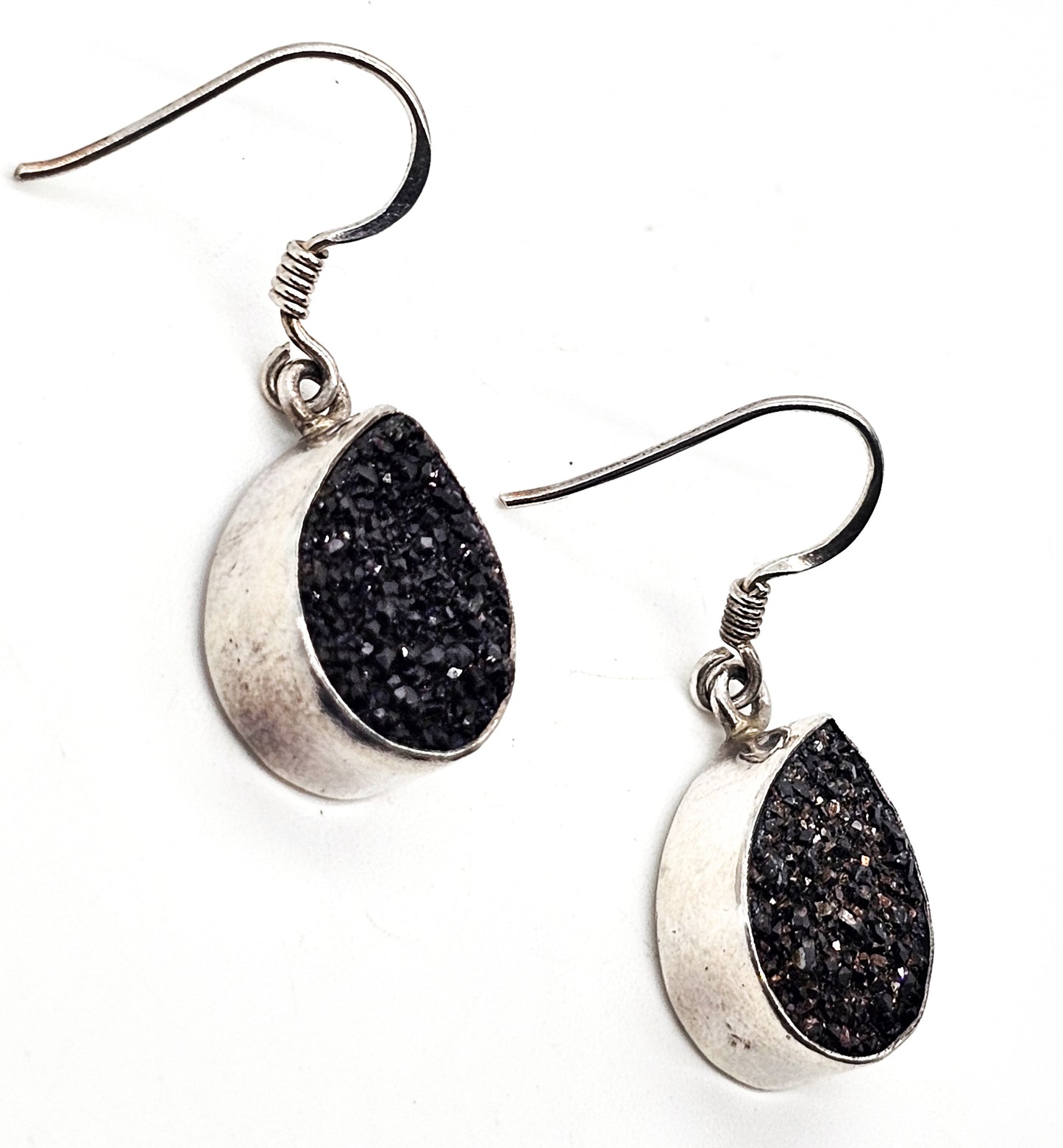 Black Druzy Chalcedony pear cut drop sterling silver earrings