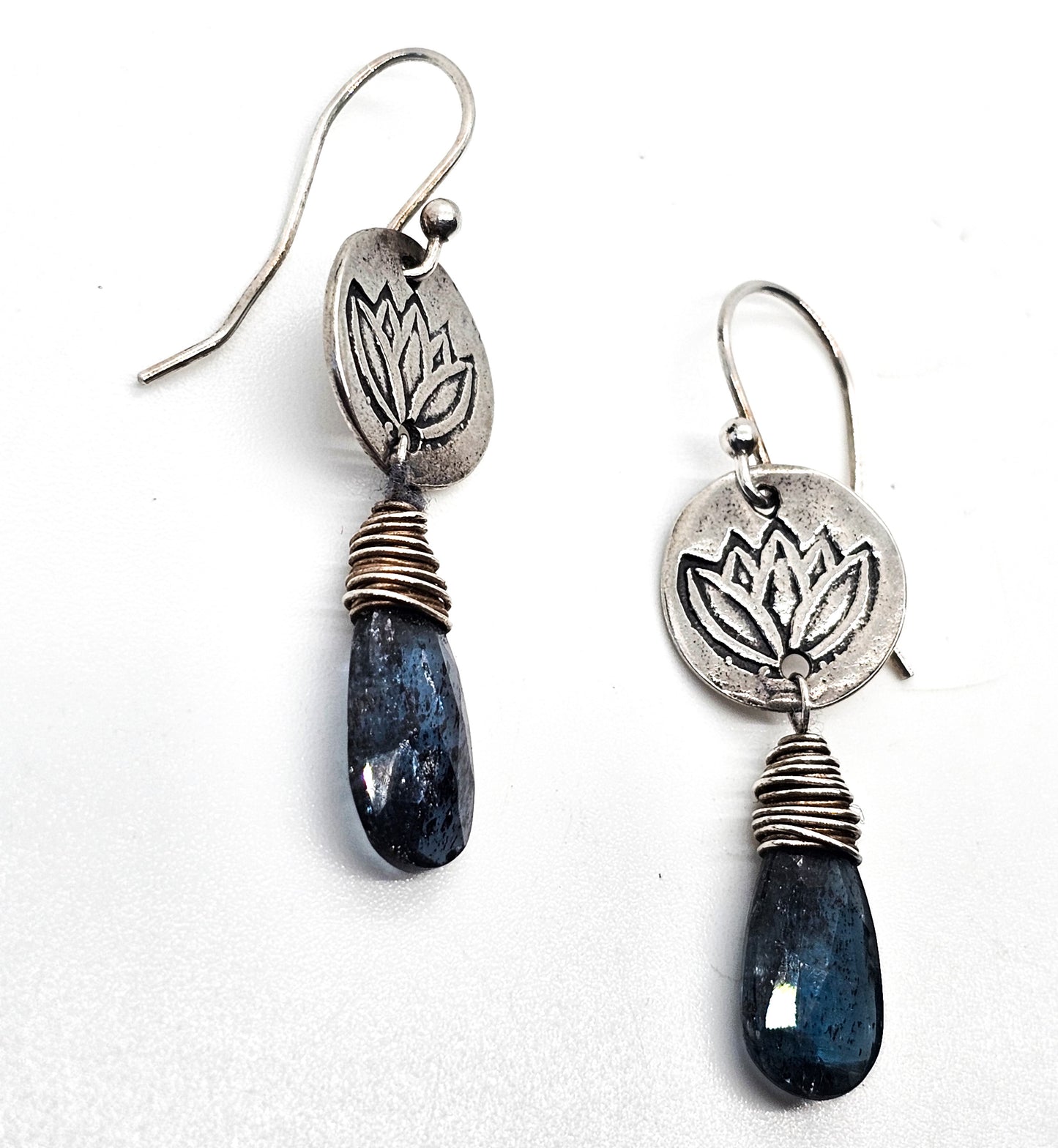 Blue Kyanite gemstone lotus flower sterling silver drop earrings