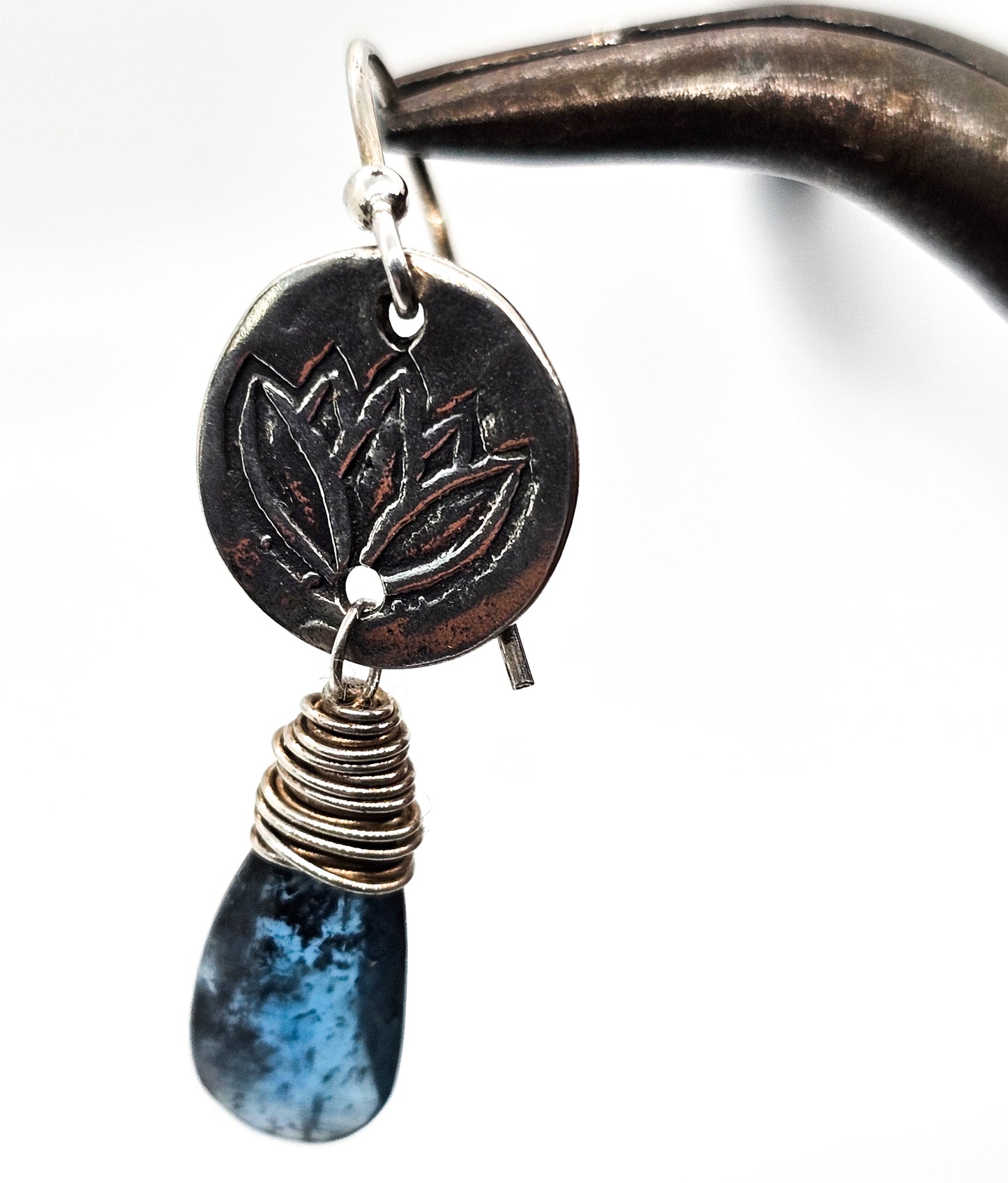 Blue Kyanite gemstone lotus flower sterling silver drop earrings