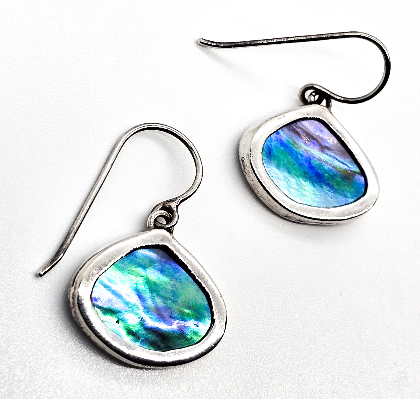 Abalone Paua shell blue green framed sterling silver drop earrings