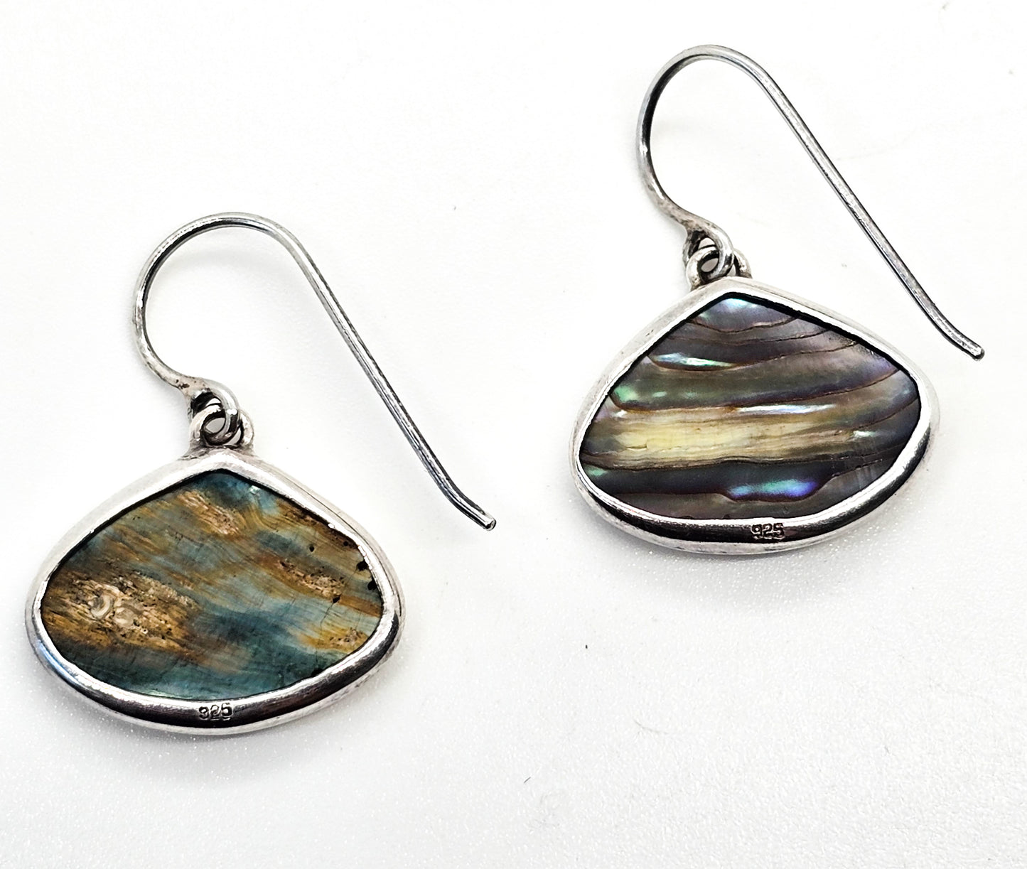 Abalone Paua shell blue green framed sterling silver drop earrings