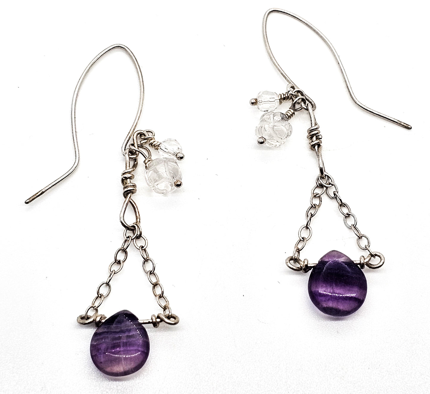 Banded Fluorite and quartz beaded layered drop chain sterling silver earrings