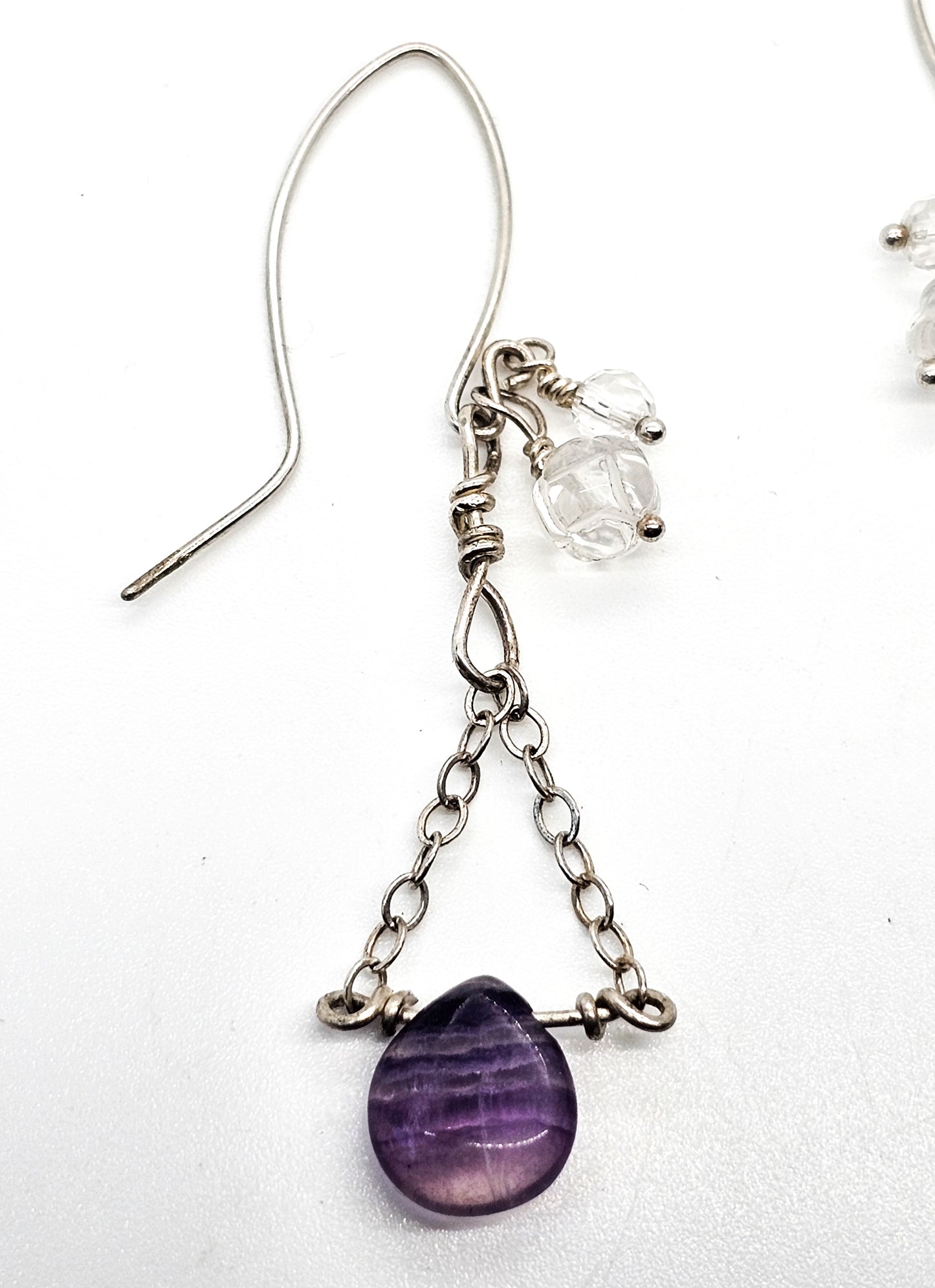 Banded Fluorite and quartz beaded layered drop chain sterling silver earrings