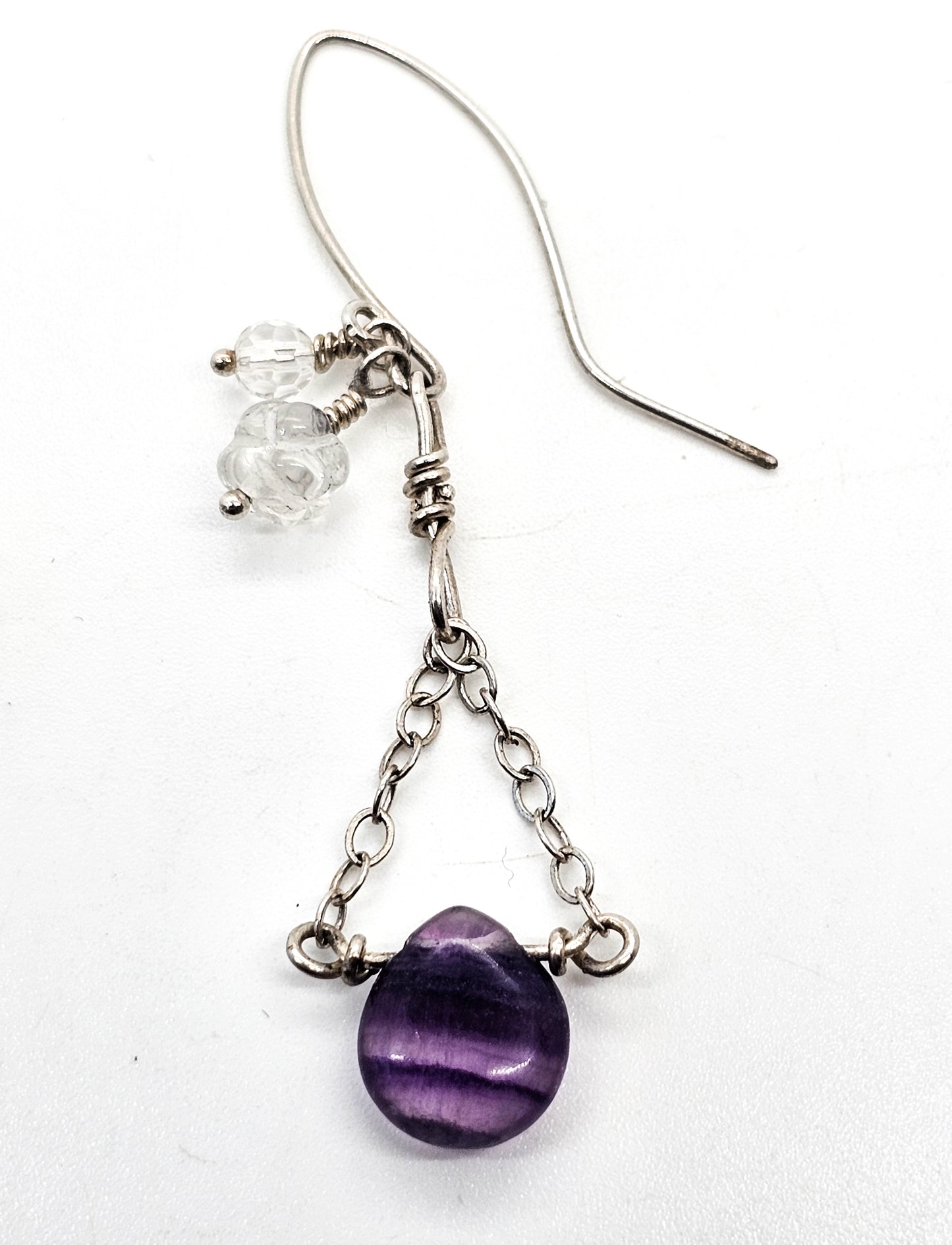 Banded Fluorite and quartz beaded layered drop chain sterling silver earrings