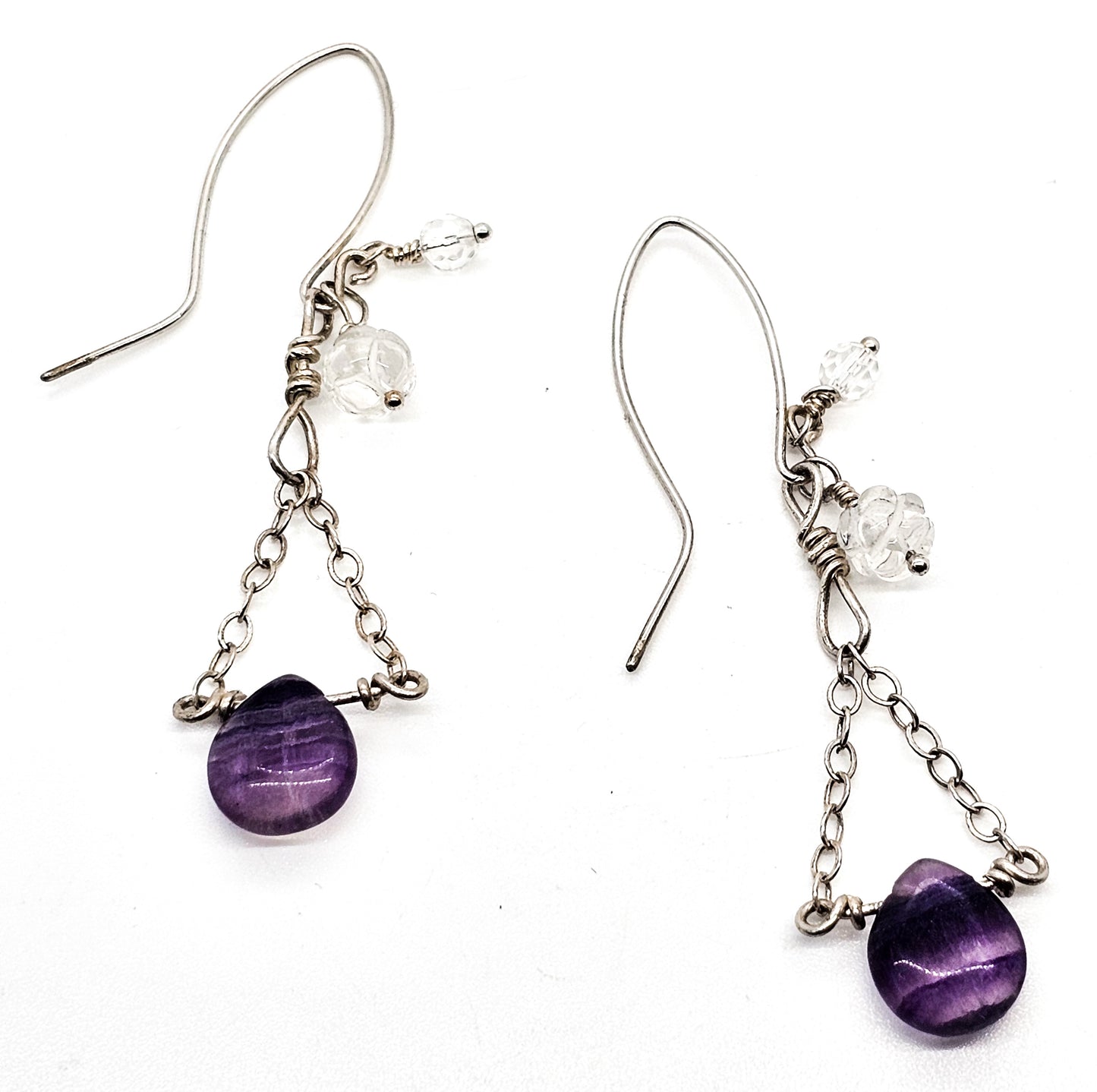 Banded Fluorite and quartz beaded layered drop chain sterling silver earrings