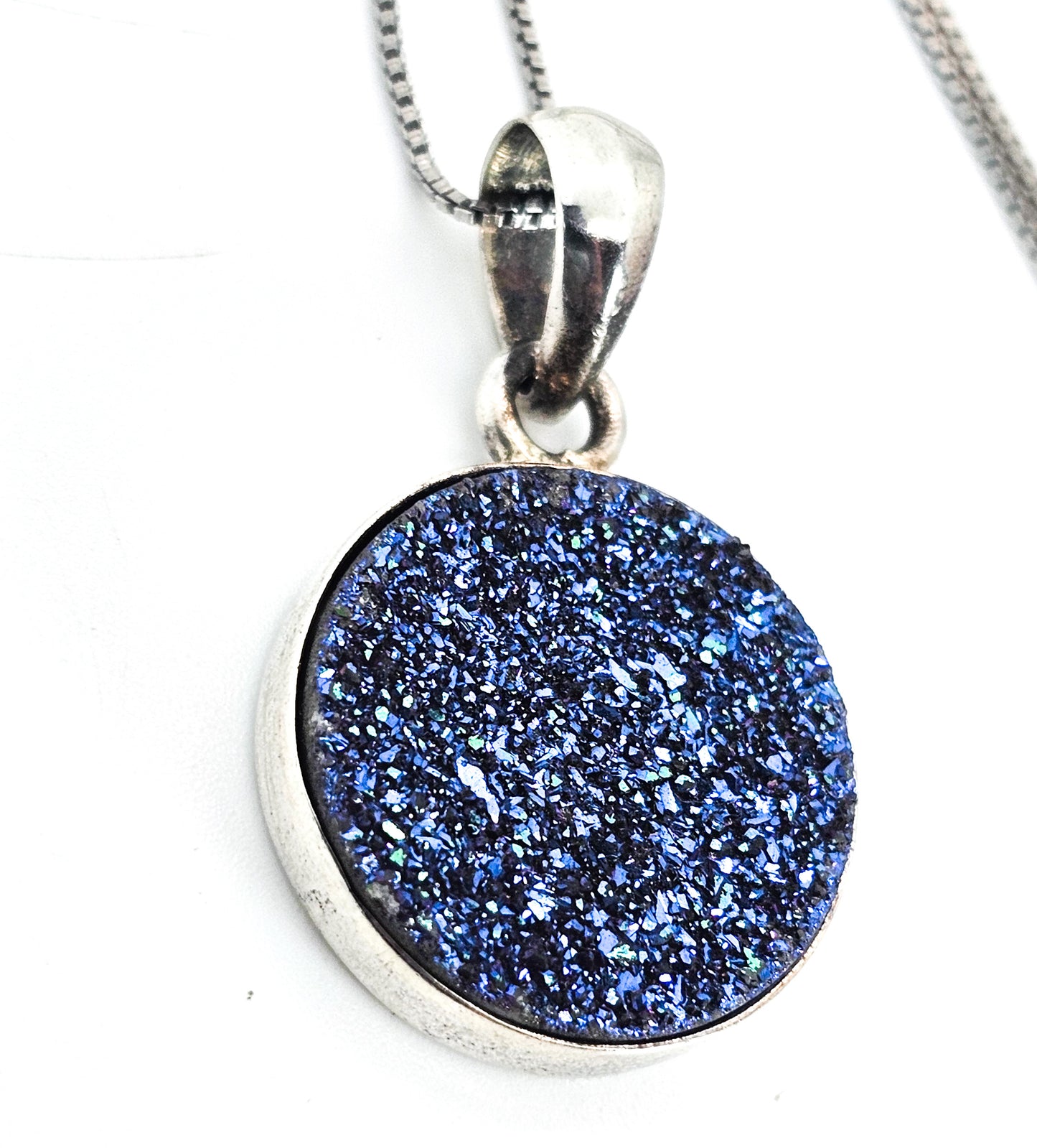 Sajen SJ Titanium blue Aura Druzy Quartz sterling silver signed pendant necklace
