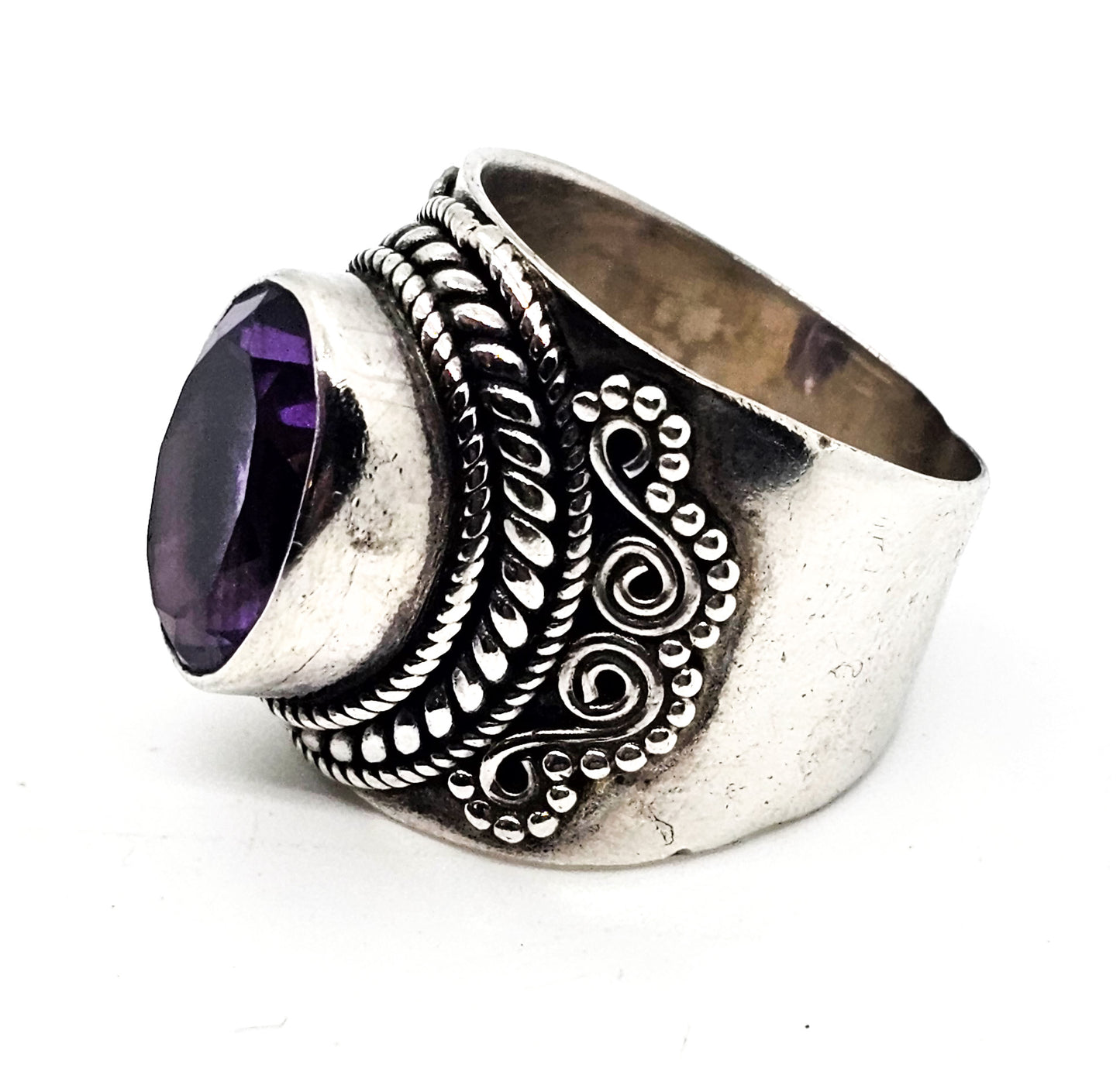 ID Balinese Amethyst purple gemstone large faceted Bali sterling silver ring size 9