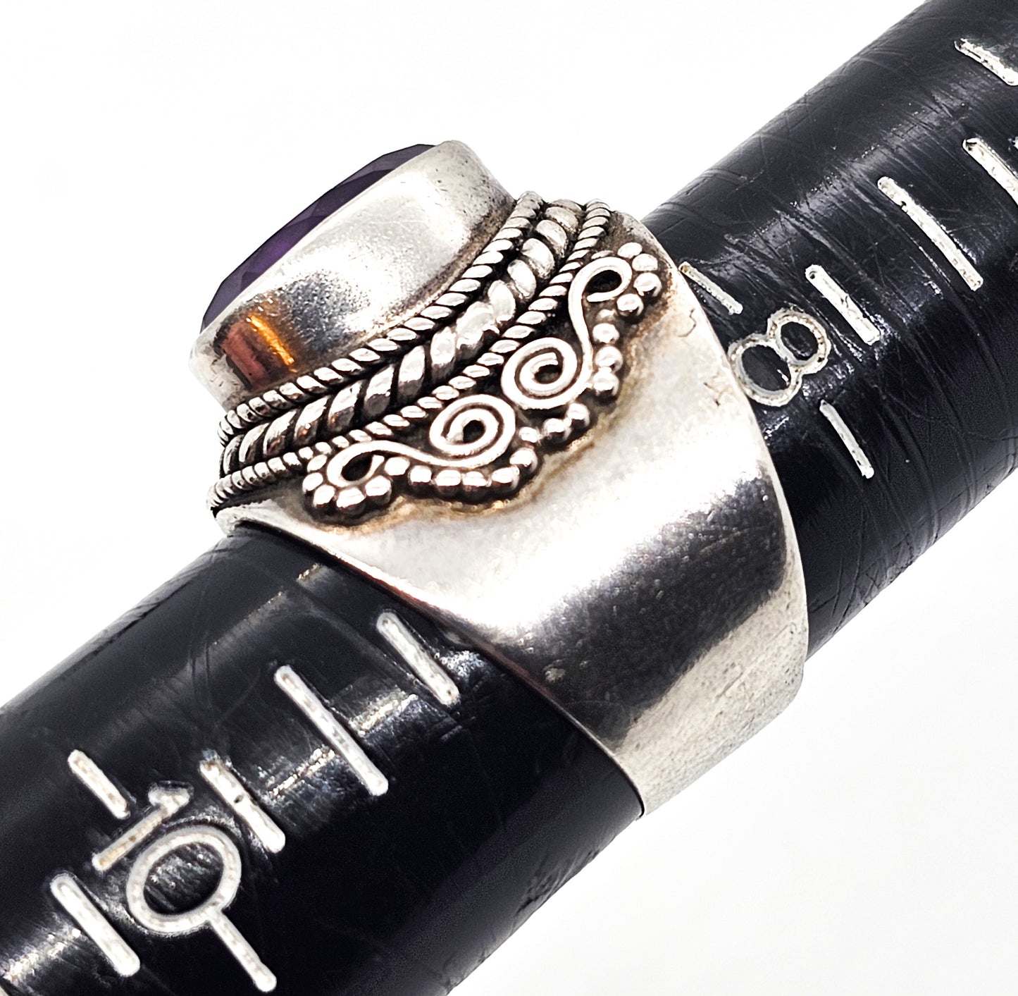 ID Balinese Amethyst purple gemstone large faceted Bali sterling silver ring size 9
