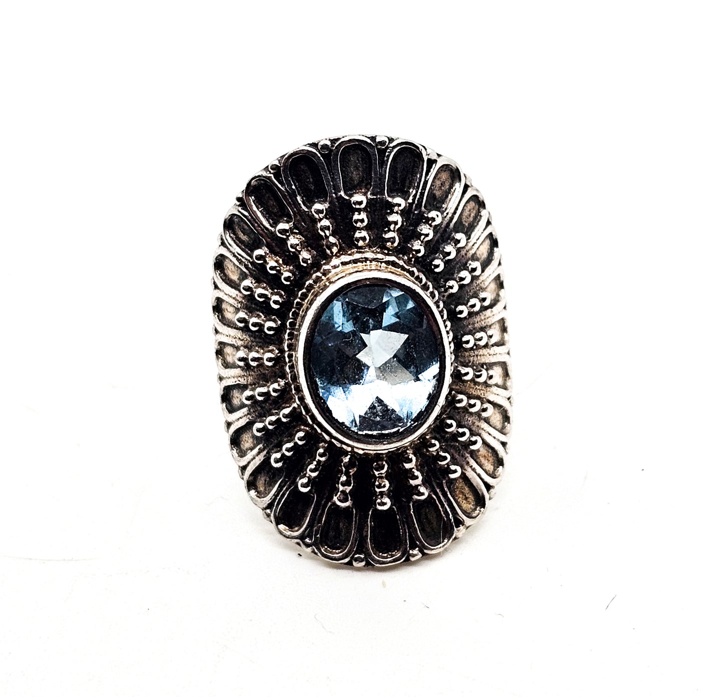 PTI Light Blue topaz faceted large Balinese signed sterling silver ring size 8 India