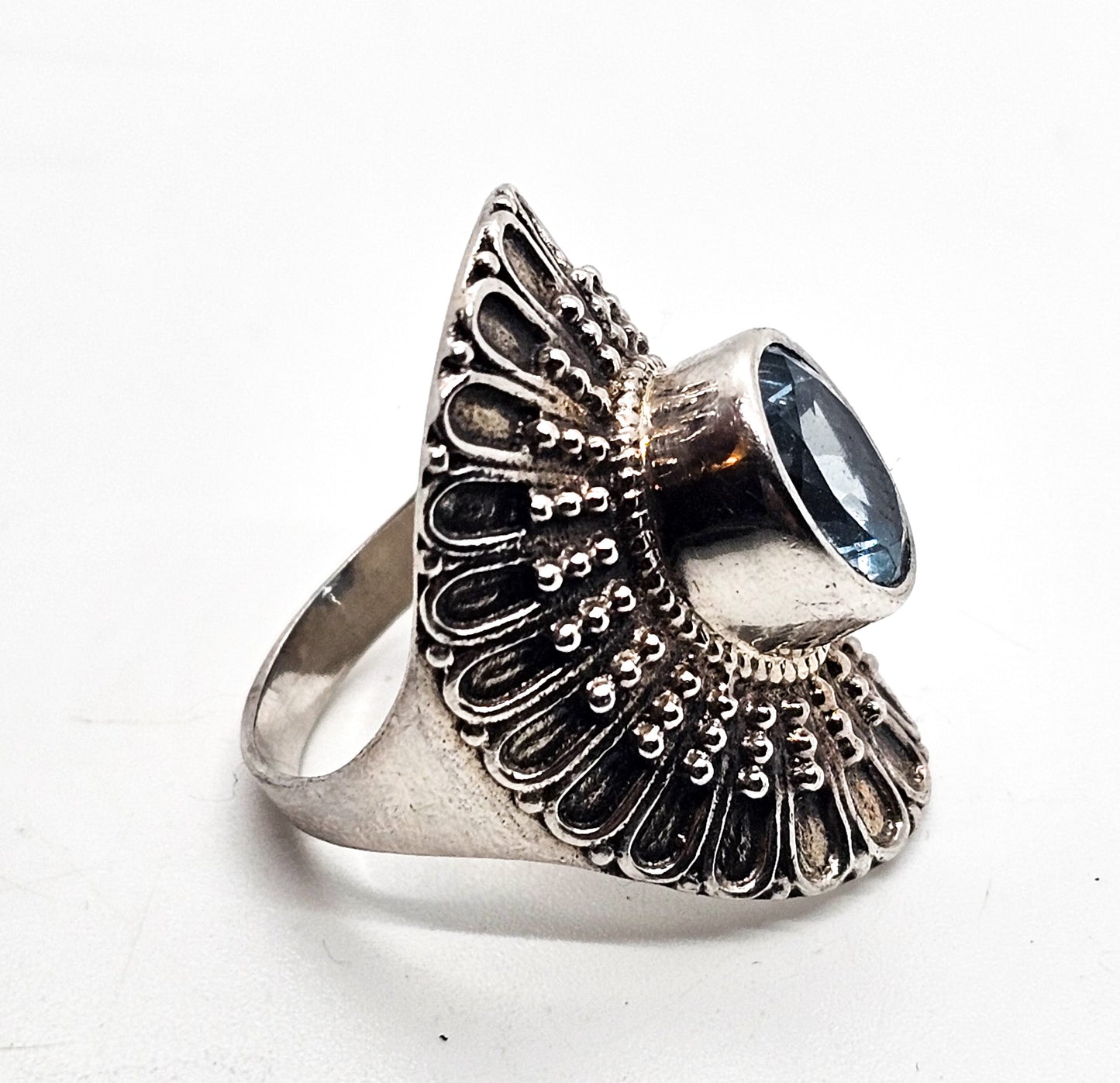 PTI Light Blue topaz faceted large Balinese signed sterling silver ring size 8 India