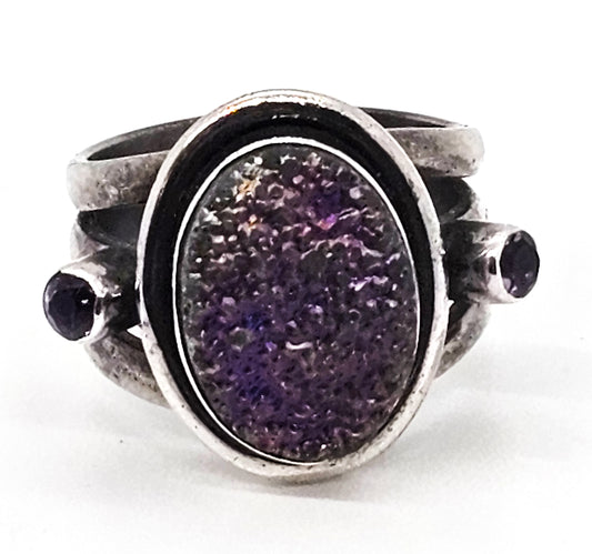Nicky Butler NB Aura Titanium Druzy Amethyst gemstone sterling silver ring size 8 India
