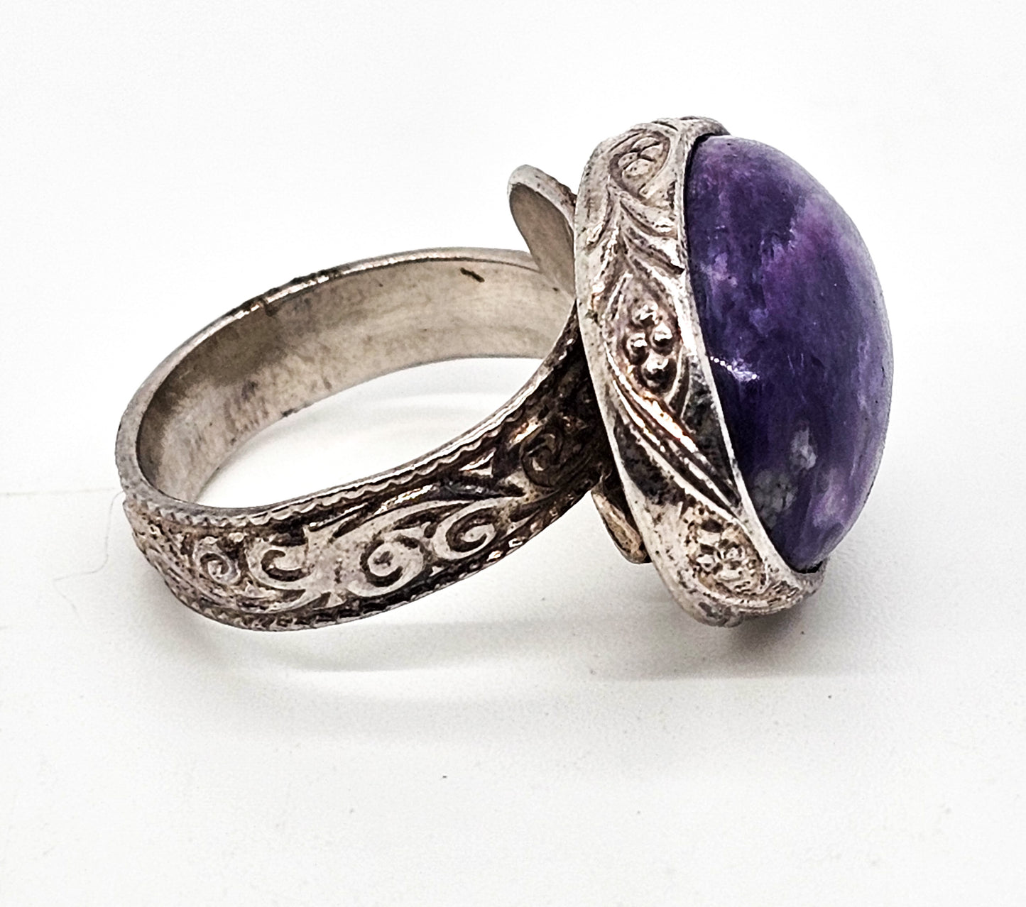 Anna King Large purple gemstone embossed signed sterling silver ring size 8