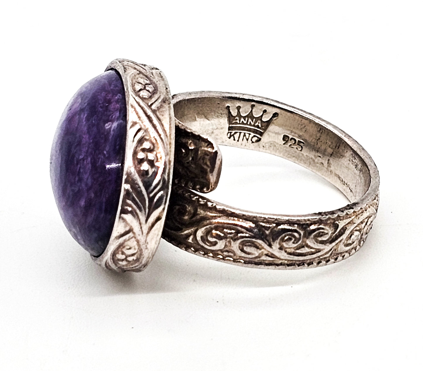Anna King Large purple gemstone embossed signed sterling silver ring size 8
