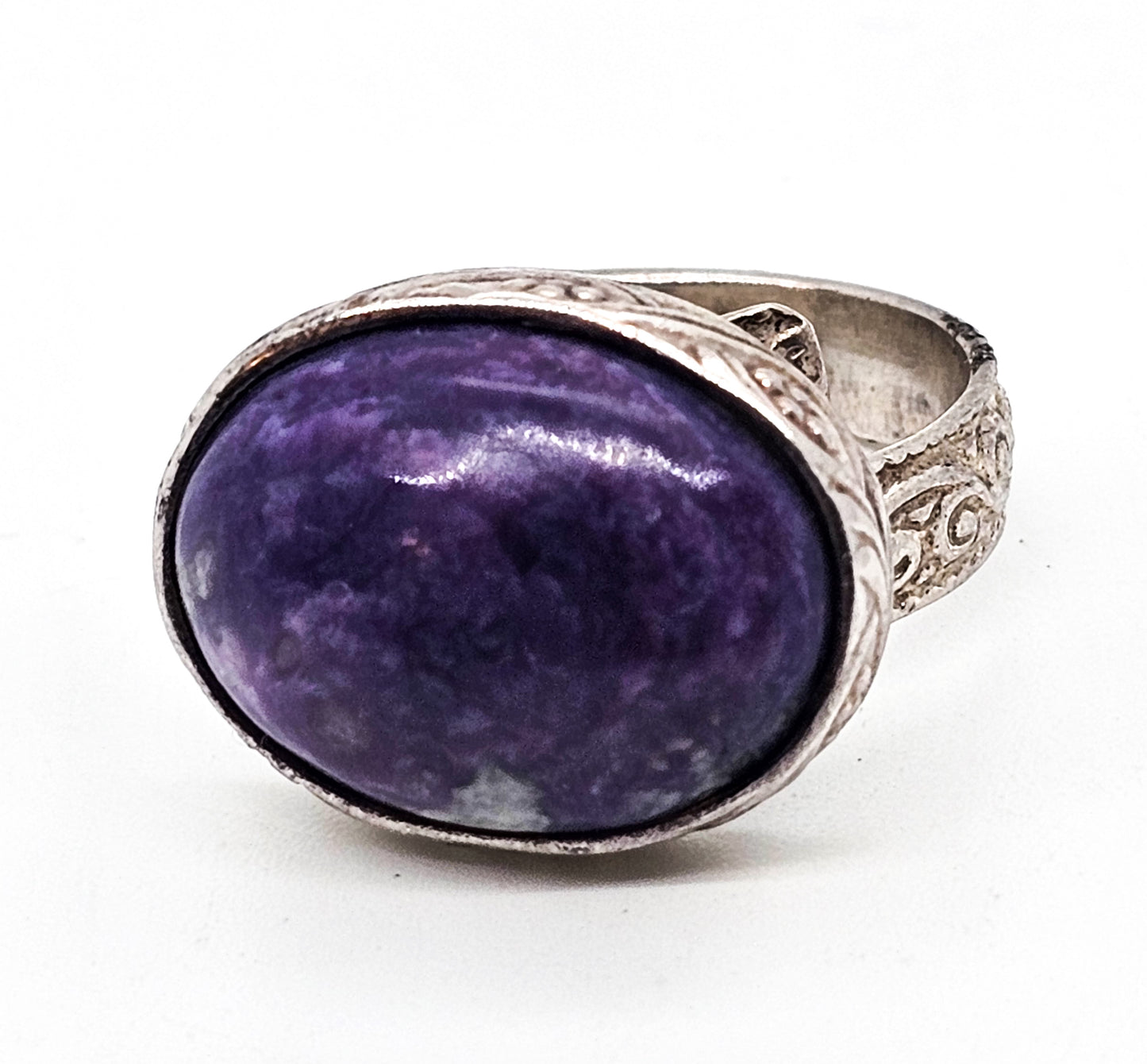 Anna King Large purple gemstone embossed signed sterling silver ring size 8