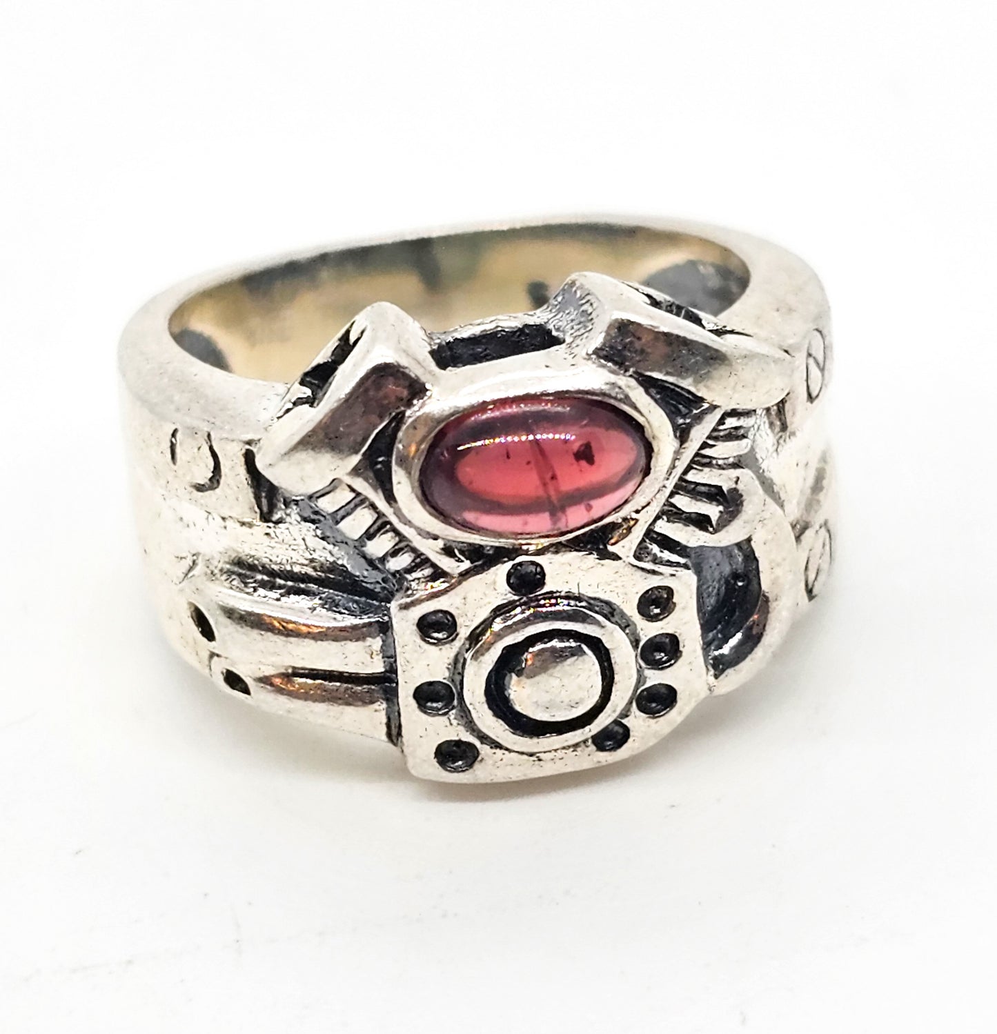 Twin Cam Engine block solid sterling silver garnet gemstone ring size 6