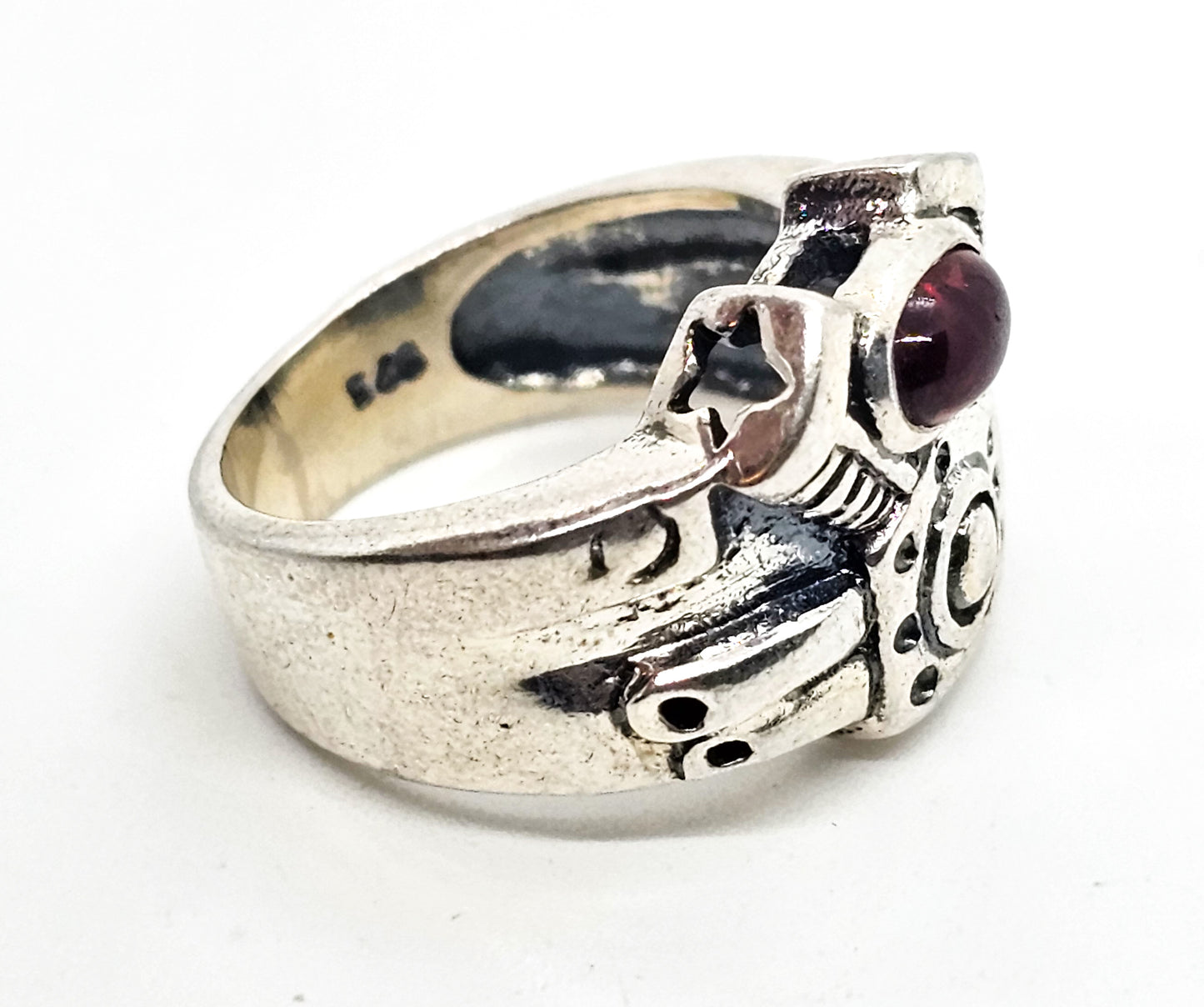 Twin Cam Engine block solid sterling silver garnet gemstone ring size 6