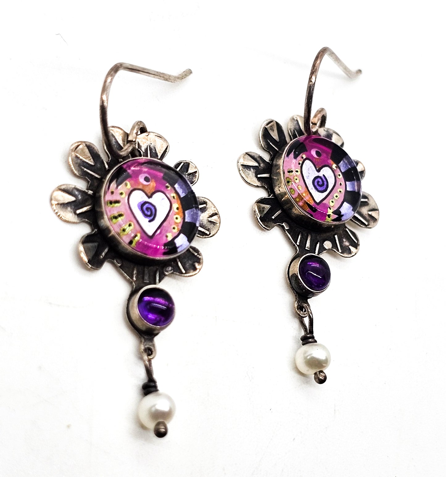 Millodot Jane Carpenter reverse painted artisan vintage sterling silver heart earrings
