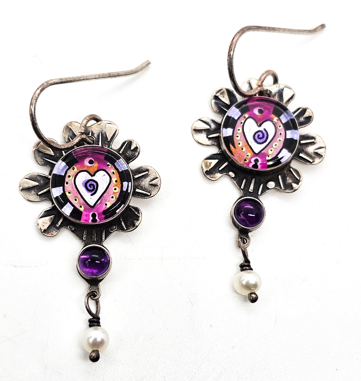 Millodot Jane Carpenter reverse painted artisan vintage sterling silver heart earrings