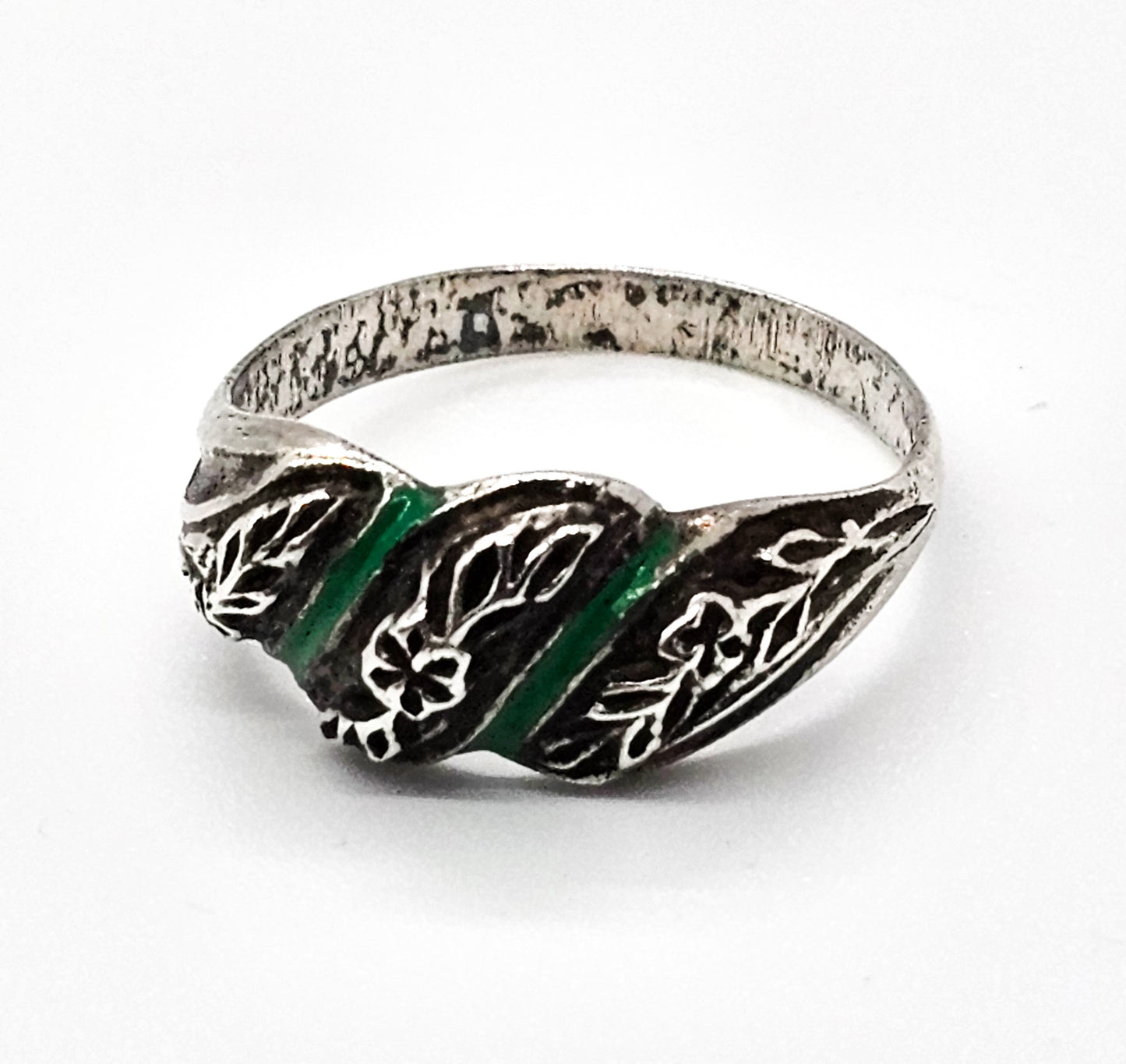 Art Nouveau Repousse Forget me knot green enamel antique sterling silver ring size 8