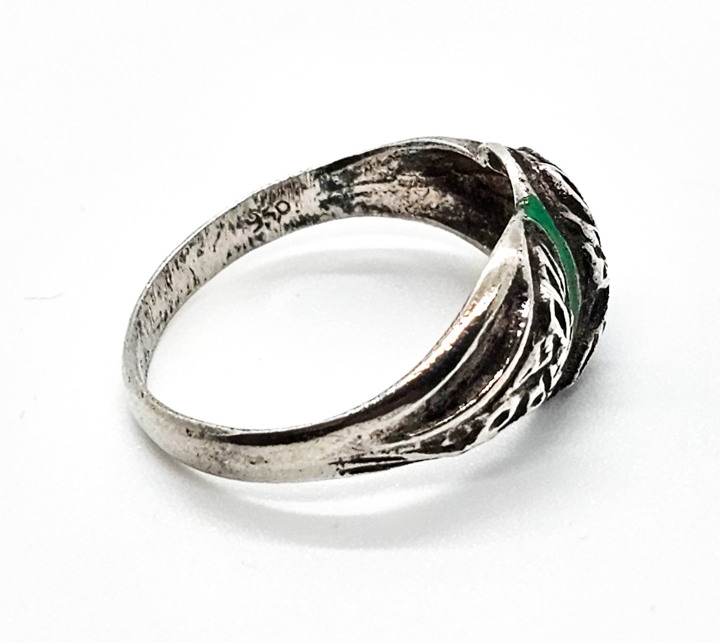Art Nouveau Repousse Forget me knot green enamel antique sterling silver ring size 8
