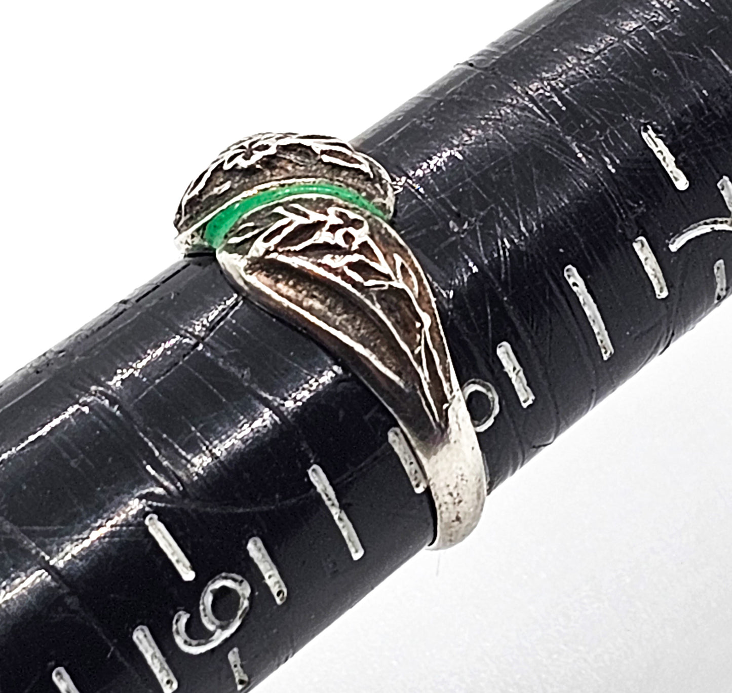 Art Nouveau Repousse Forget me knot green enamel antique sterling silver ring size 8