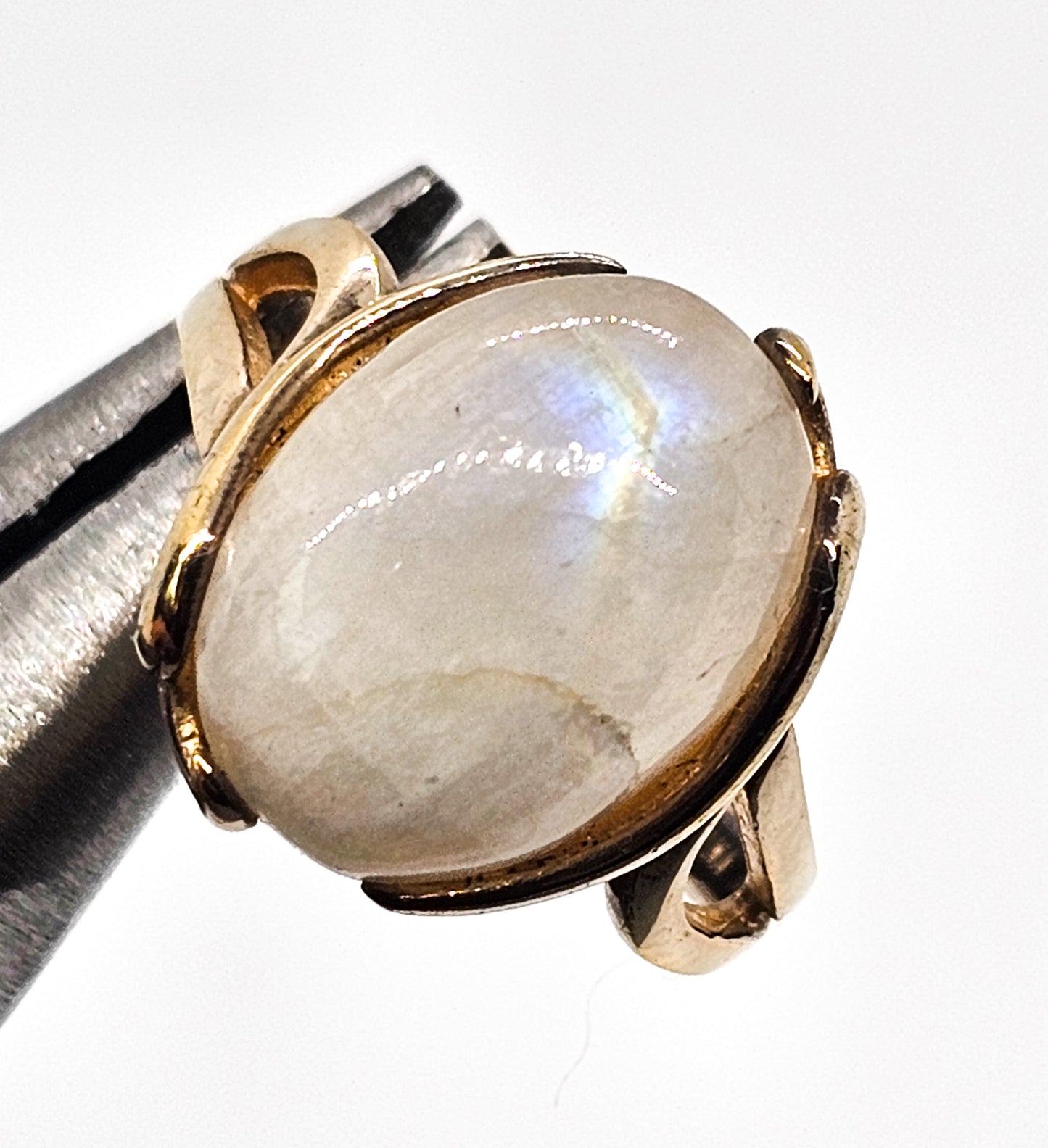 Rainbow flash moonstone PJM vermeil gold over sterling silver split shank ring size 8
