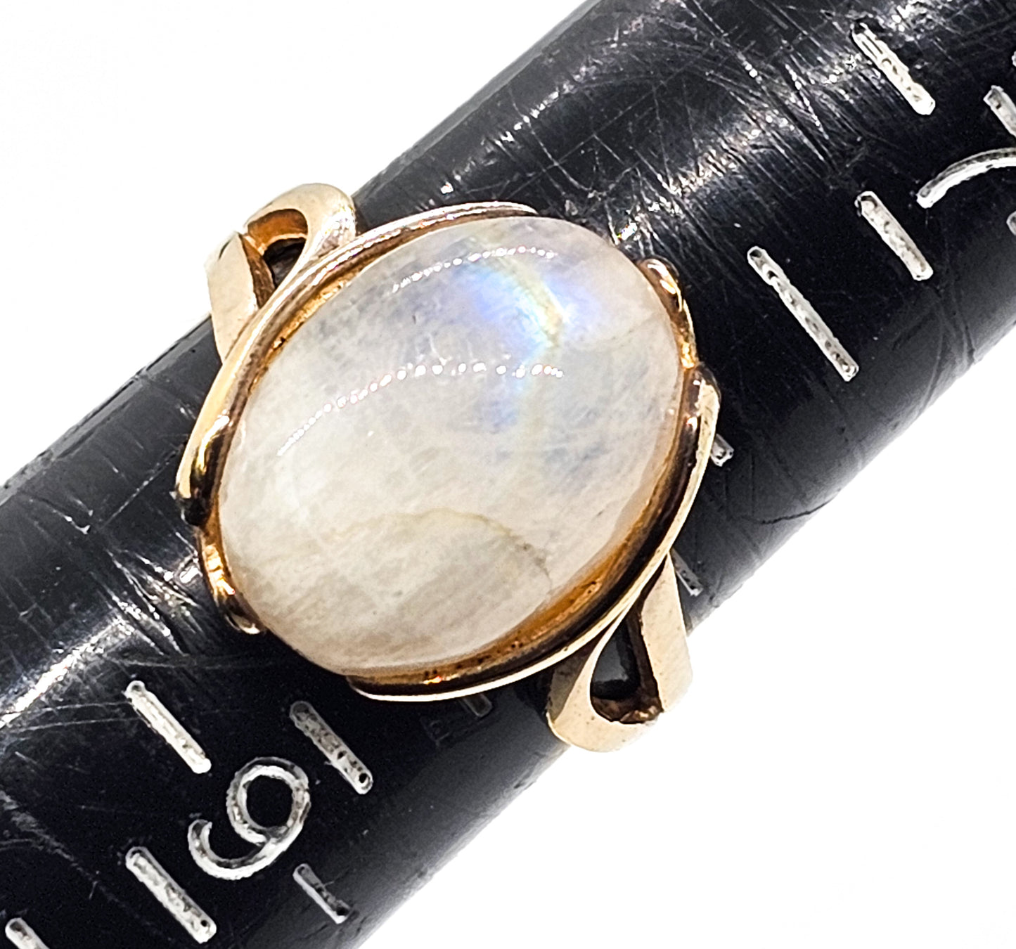 Rainbow flash moonstone PJM vermeil gold over sterling silver split shank ring size 8