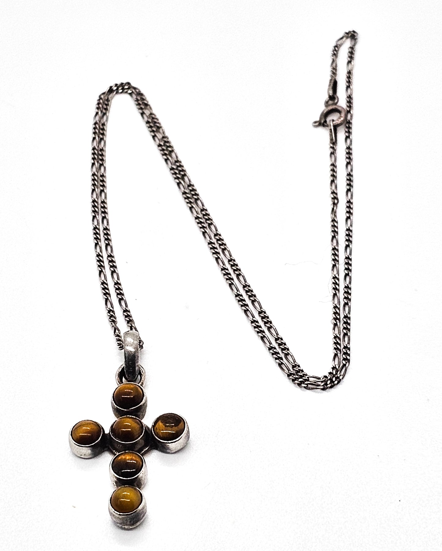 Tiger's Eye studded cross vintage sterling silver gemstone pendant necklace