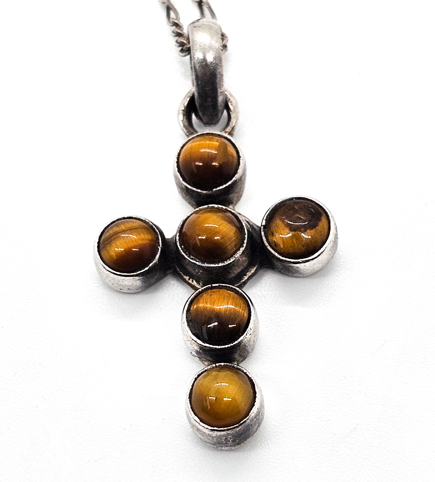 Tiger's Eye studded cross vintage sterling silver gemstone pendant necklace