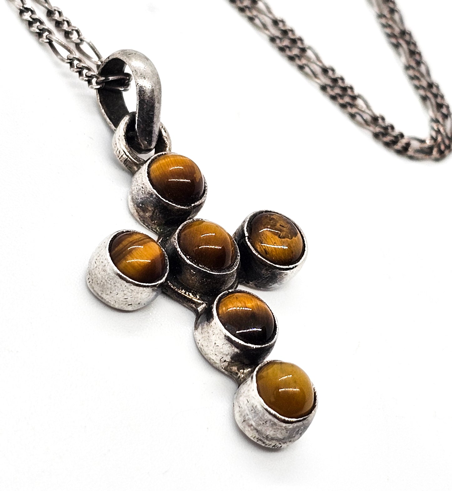 Tiger's Eye studded cross vintage sterling silver gemstone pendant necklace
