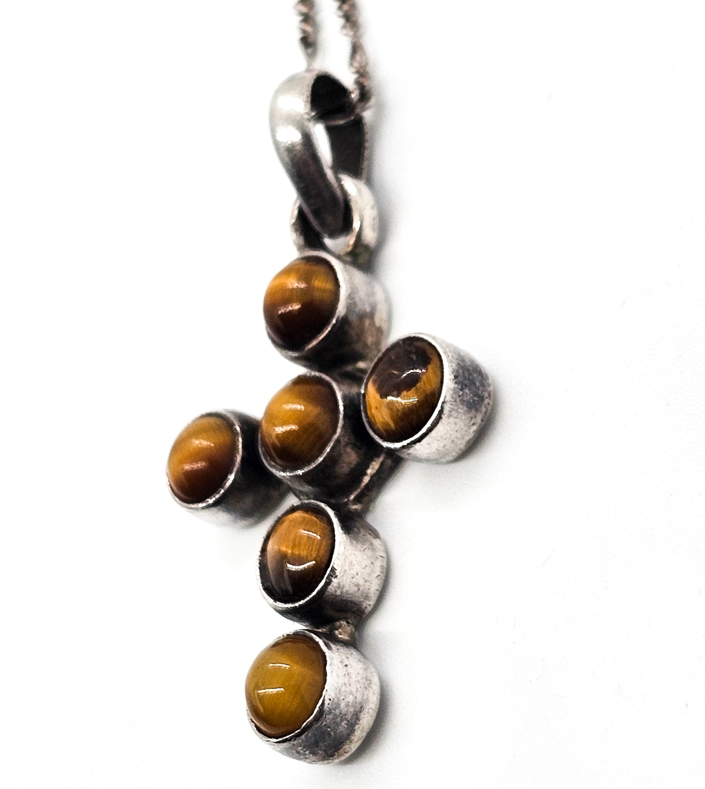 Tiger's Eye studded cross vintage sterling silver gemstone pendant necklace