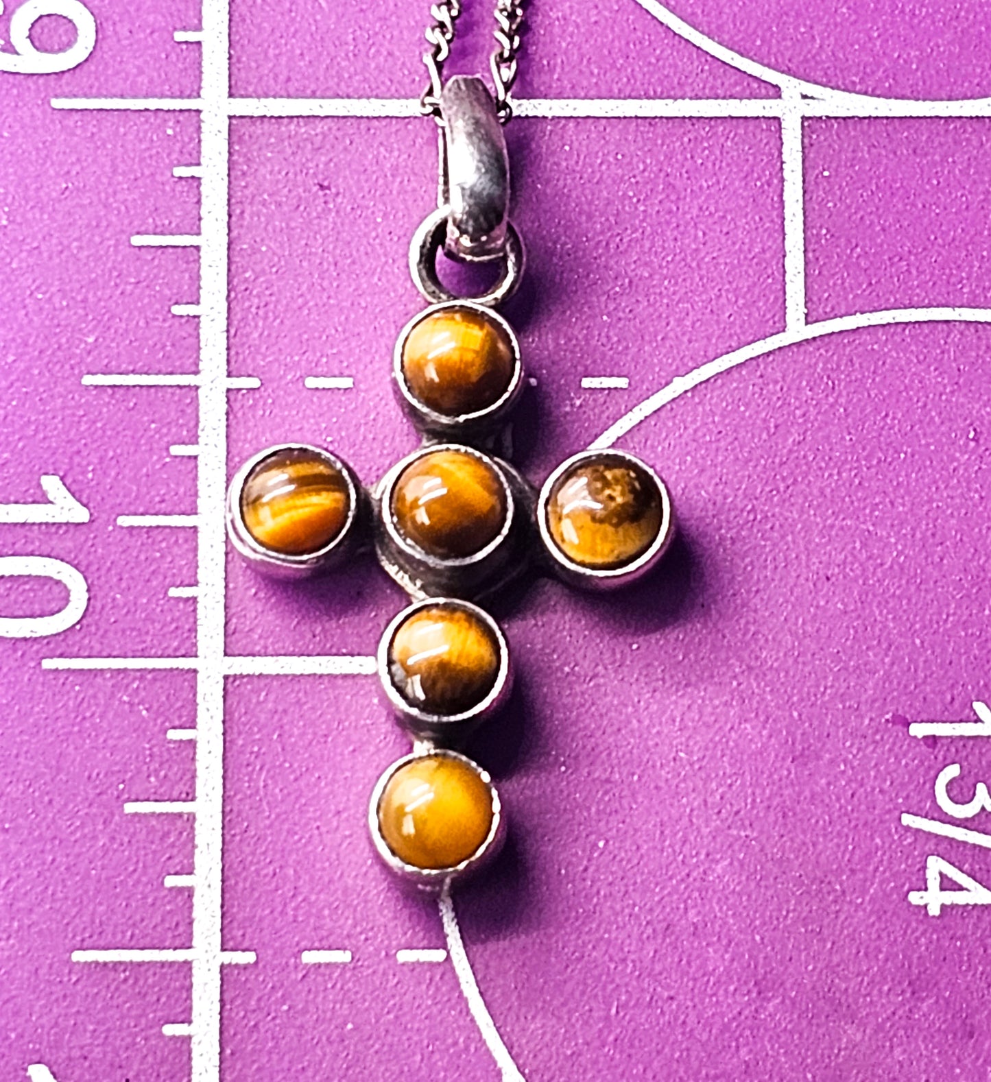 Tiger's Eye studded cross vintage sterling silver gemstone pendant necklace