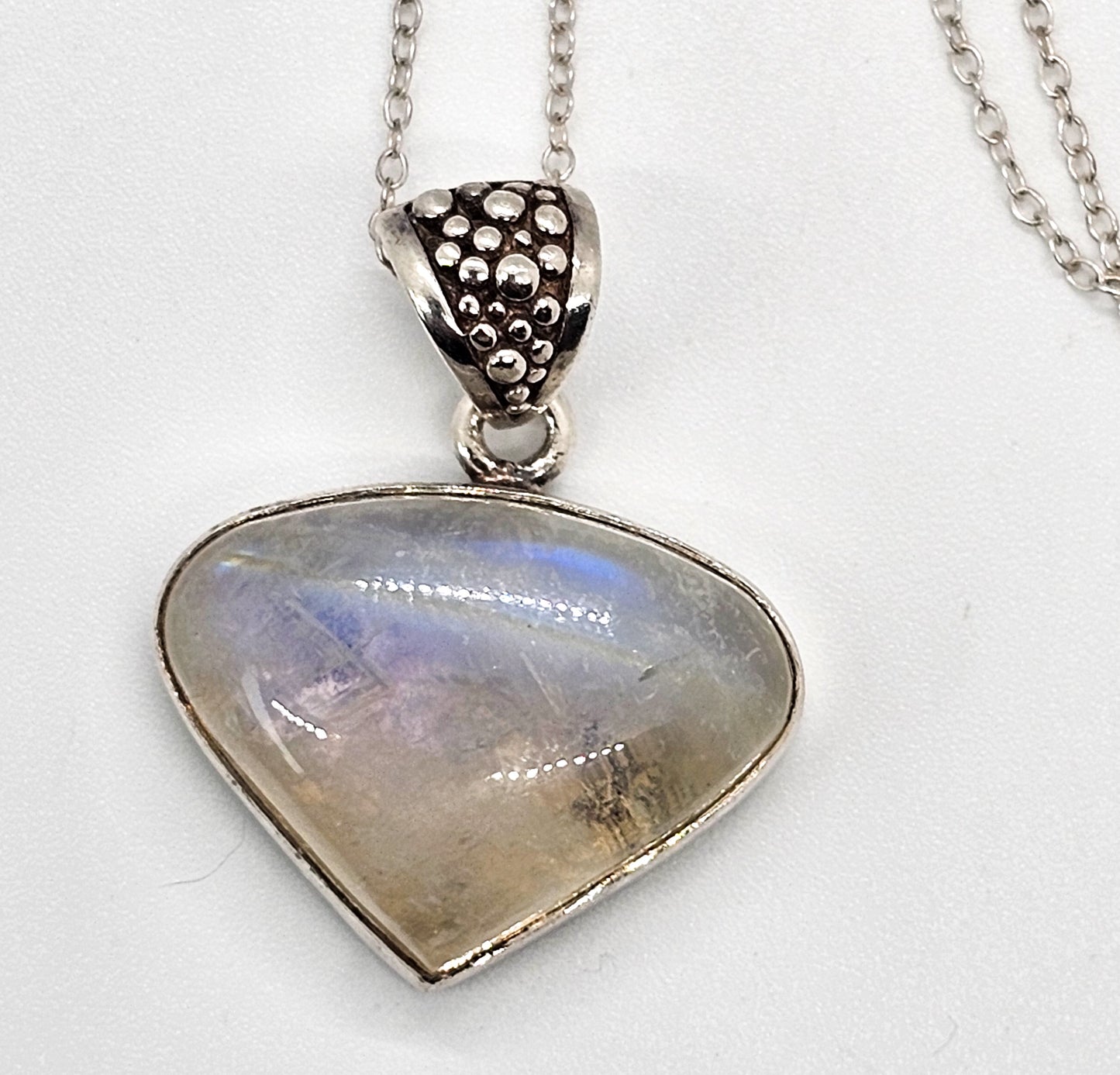 Rainbow moonstone Domed Cabochon gemstone sterling silver pendant necklace