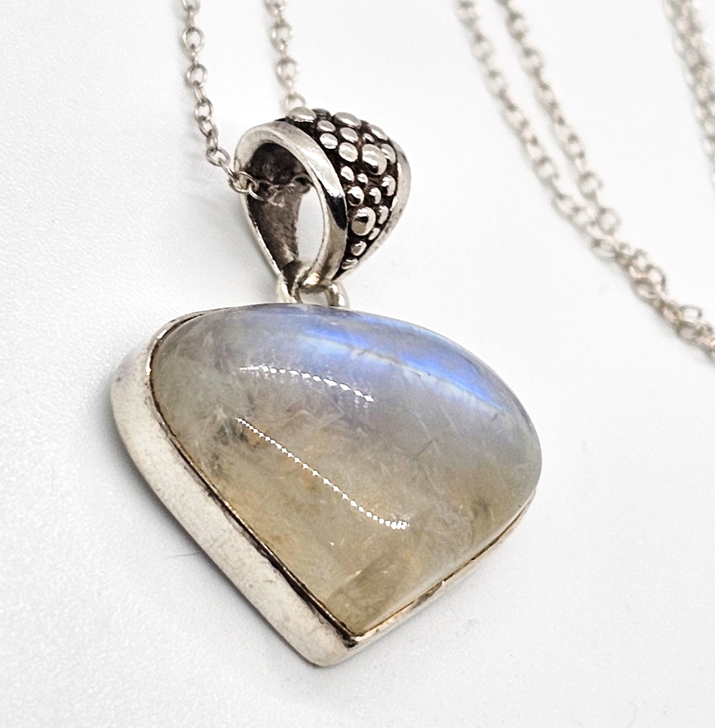 Rainbow moonstone Domed Cabochon gemstone sterling silver pendant necklace