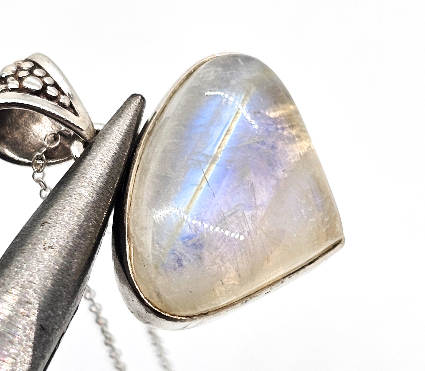 Rainbow moonstone Domed Cabochon gemstone sterling silver pendant necklace