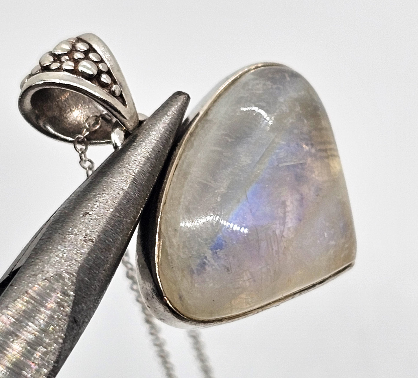 Rainbow moonstone Domed Cabochon gemstone sterling silver pendant necklace