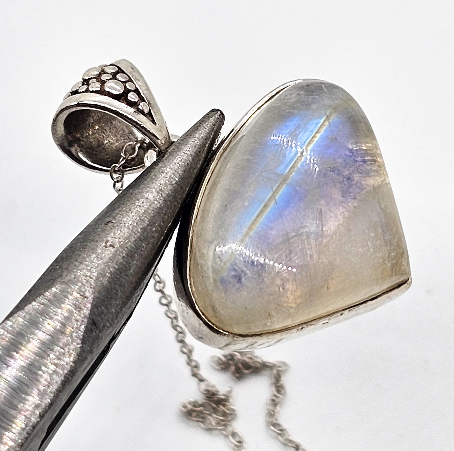 Rainbow moonstone Domed Cabochon gemstone sterling silver pendant necklace