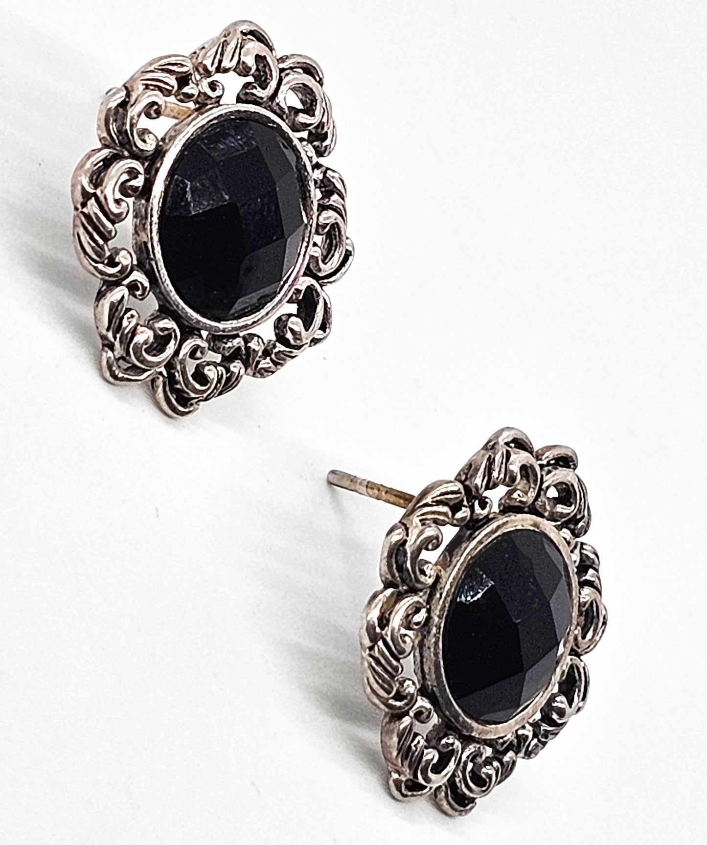 Barse signed faceted onyx and brass silver toned stud filigree earrings
