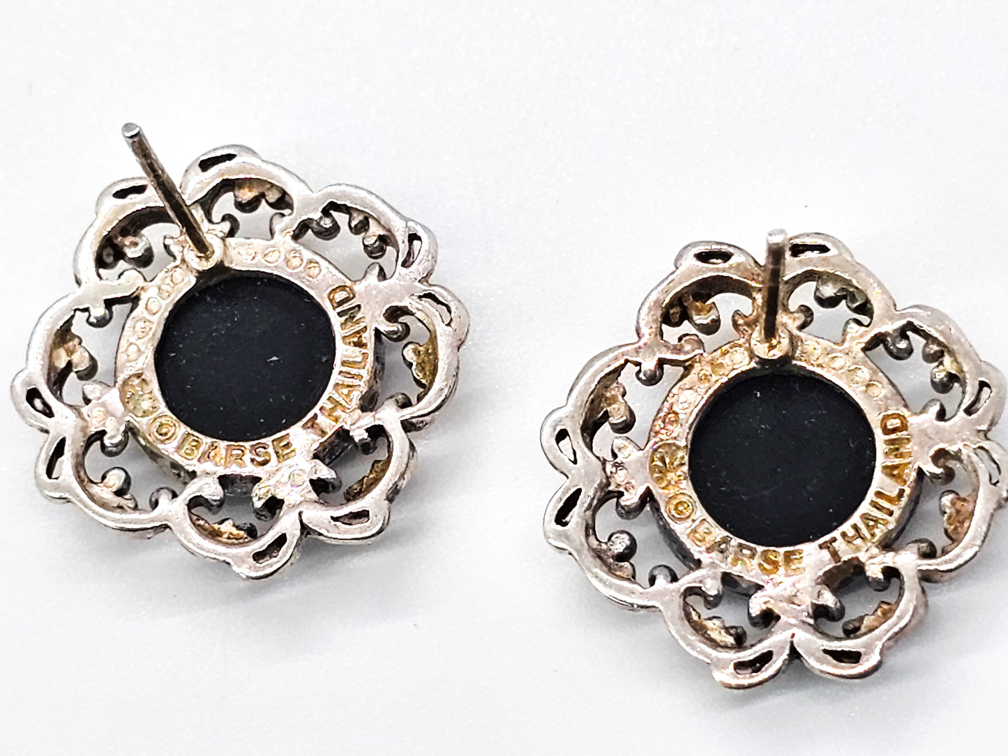 Barse signed faceted onyx and brass silver toned stud filigree earrings