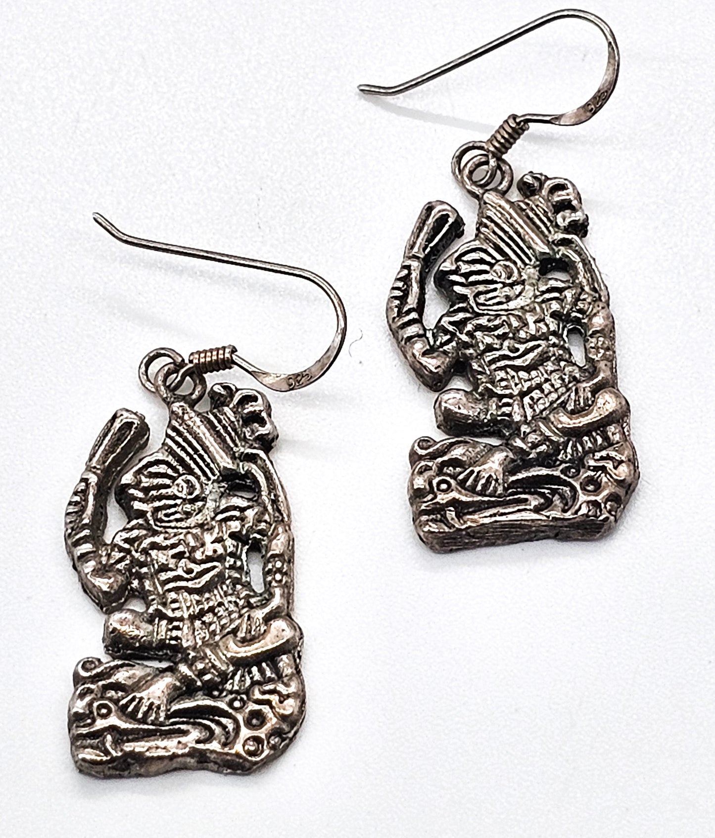 Incan tribal Tiki figure sterling silver vintage drop earrings