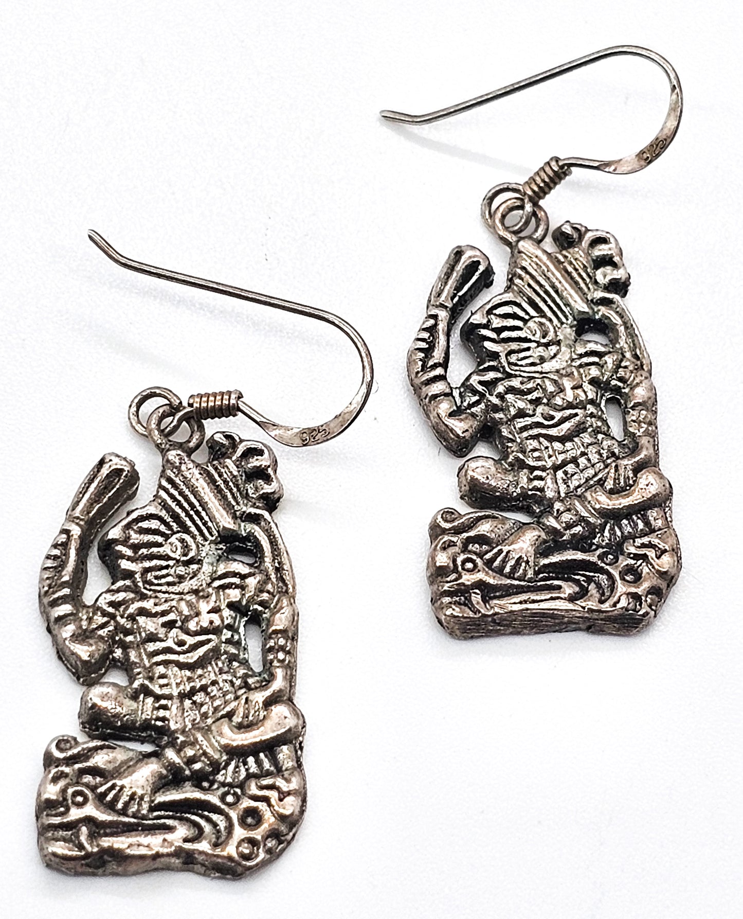 Incan tribal Tiki figure sterling silver vintage drop earrings