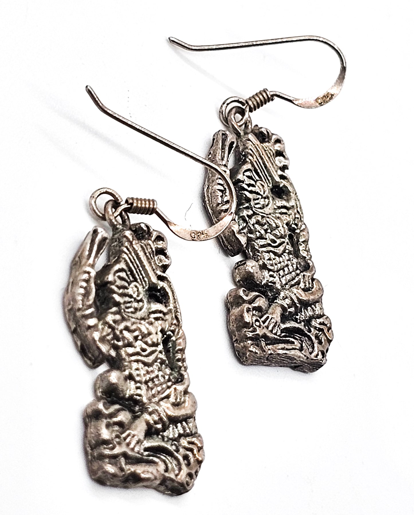 Incan tribal Tiki figure sterling silver vintage drop earrings