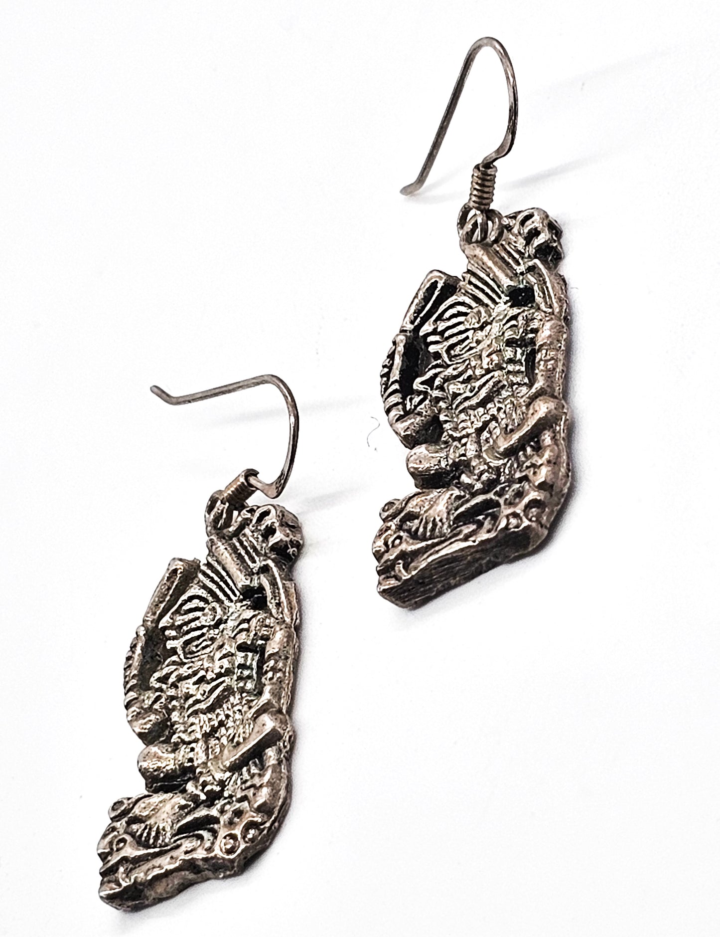 Incan tribal Tiki figure sterling silver vintage drop earrings