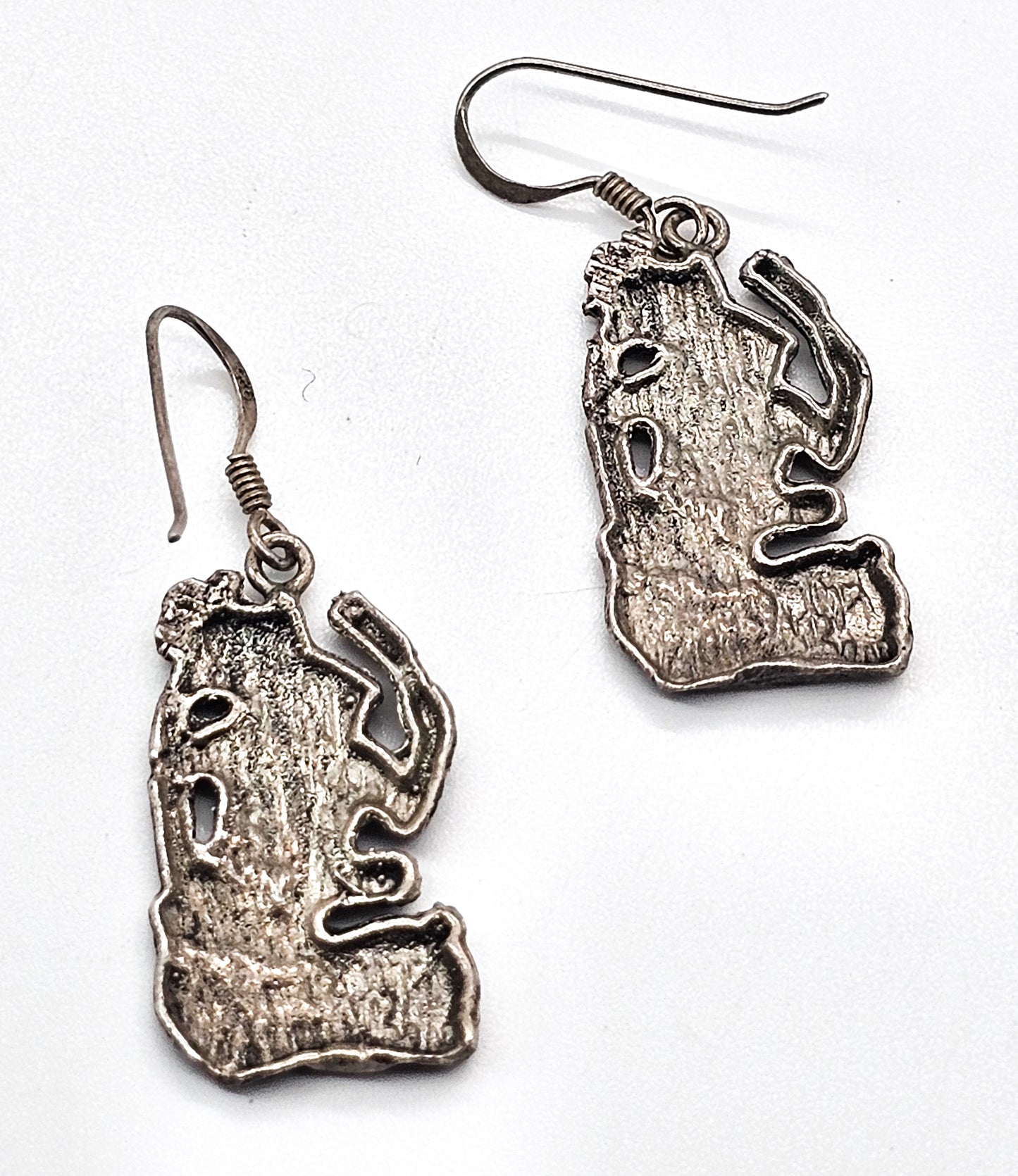 Incan tribal Tiki figure sterling silver vintage drop earrings