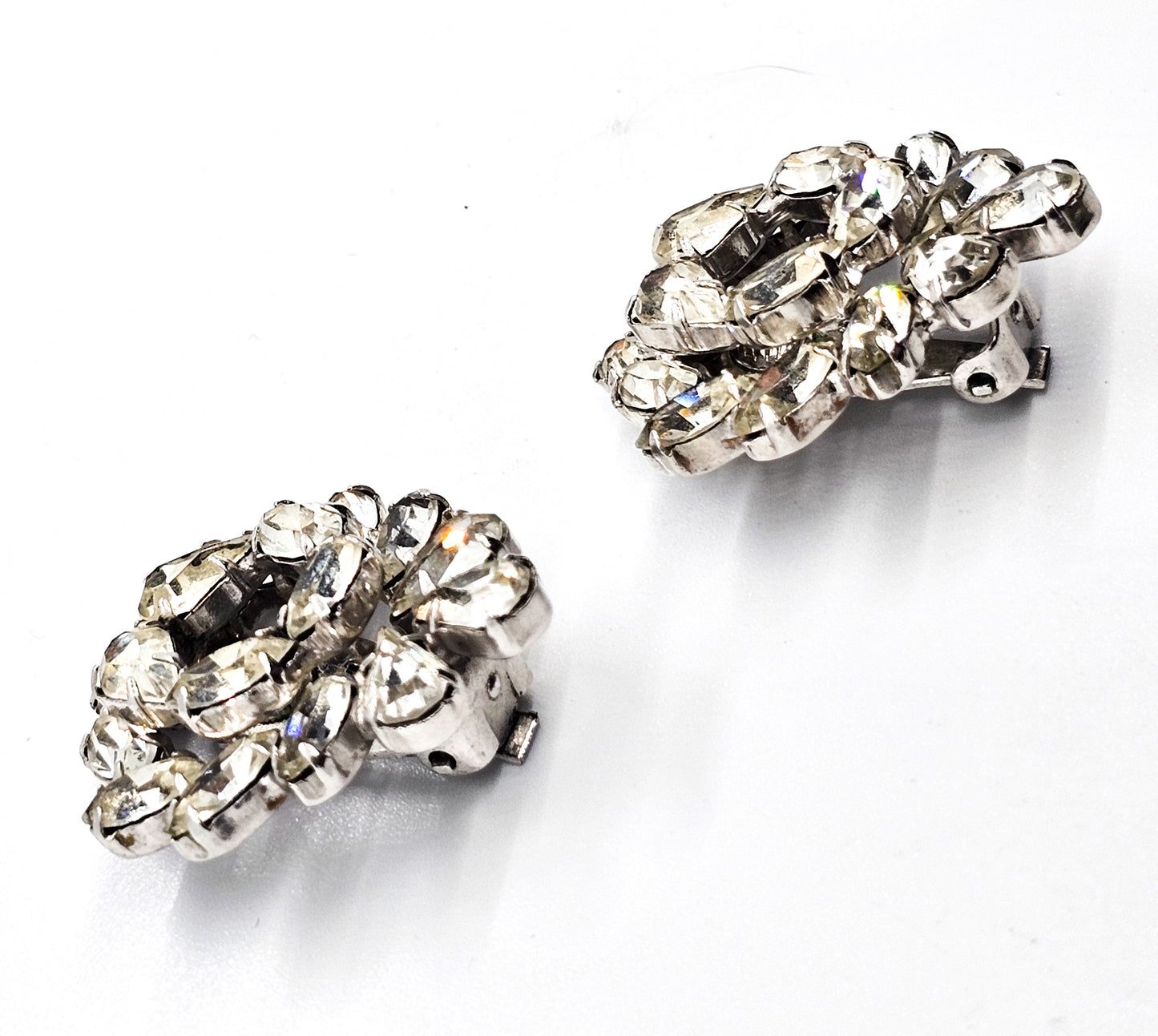 Clear pear cut double layered open work vintage rhinestone clip on earrings