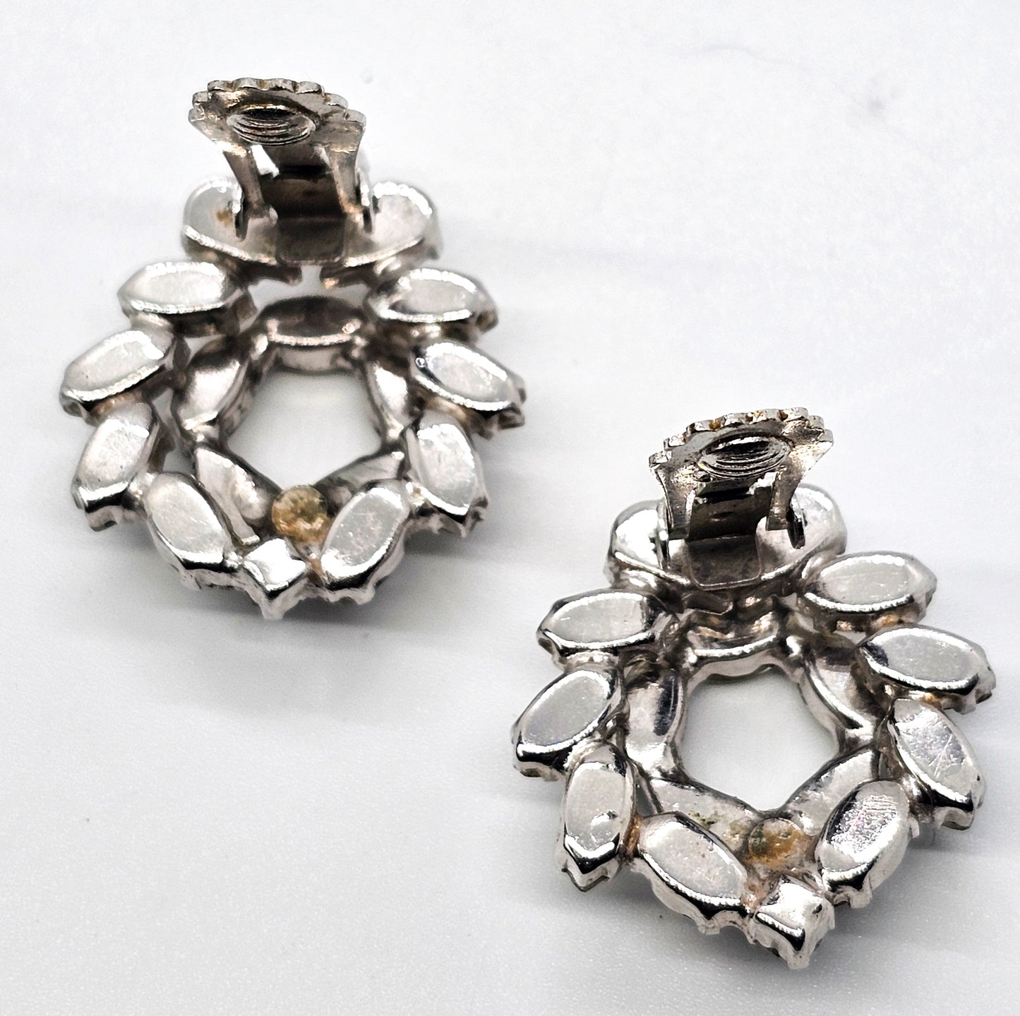 Clear pear cut double layered open work vintage rhinestone clip on earrings