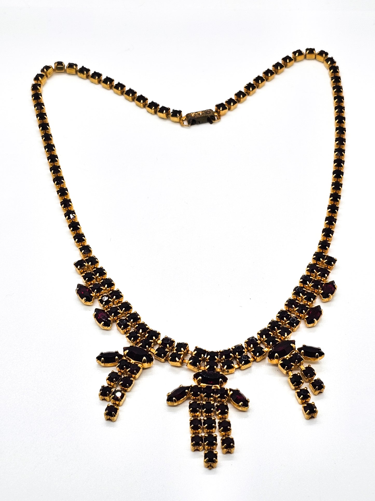 Ruby Red rhinestone vintage red and gold statement bib mid century necklace