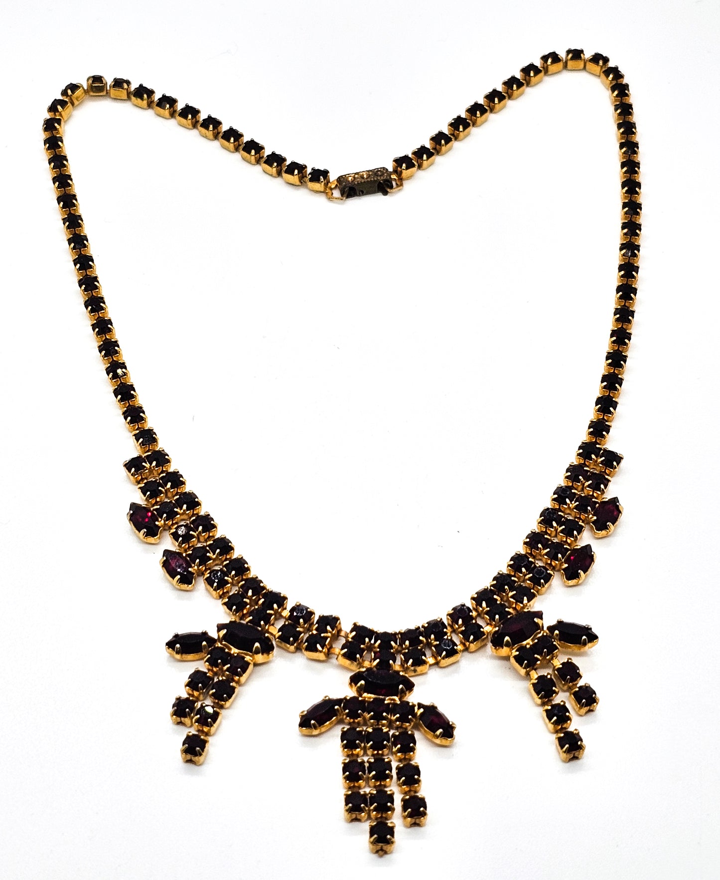 Ruby Red rhinestone vintage red and gold statement bib mid century necklace