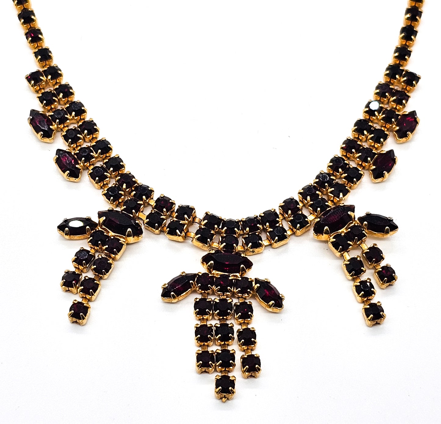 Ruby Red rhinestone vintage red and gold statement bib mid century necklace