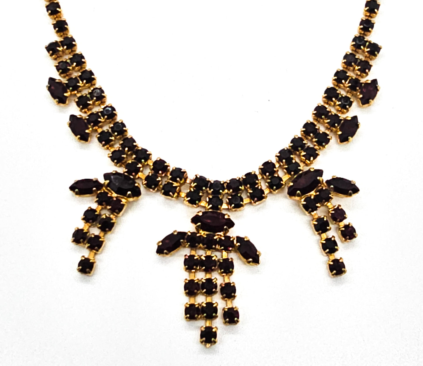Ruby Red rhinestone vintage red and gold statement bib mid century necklace